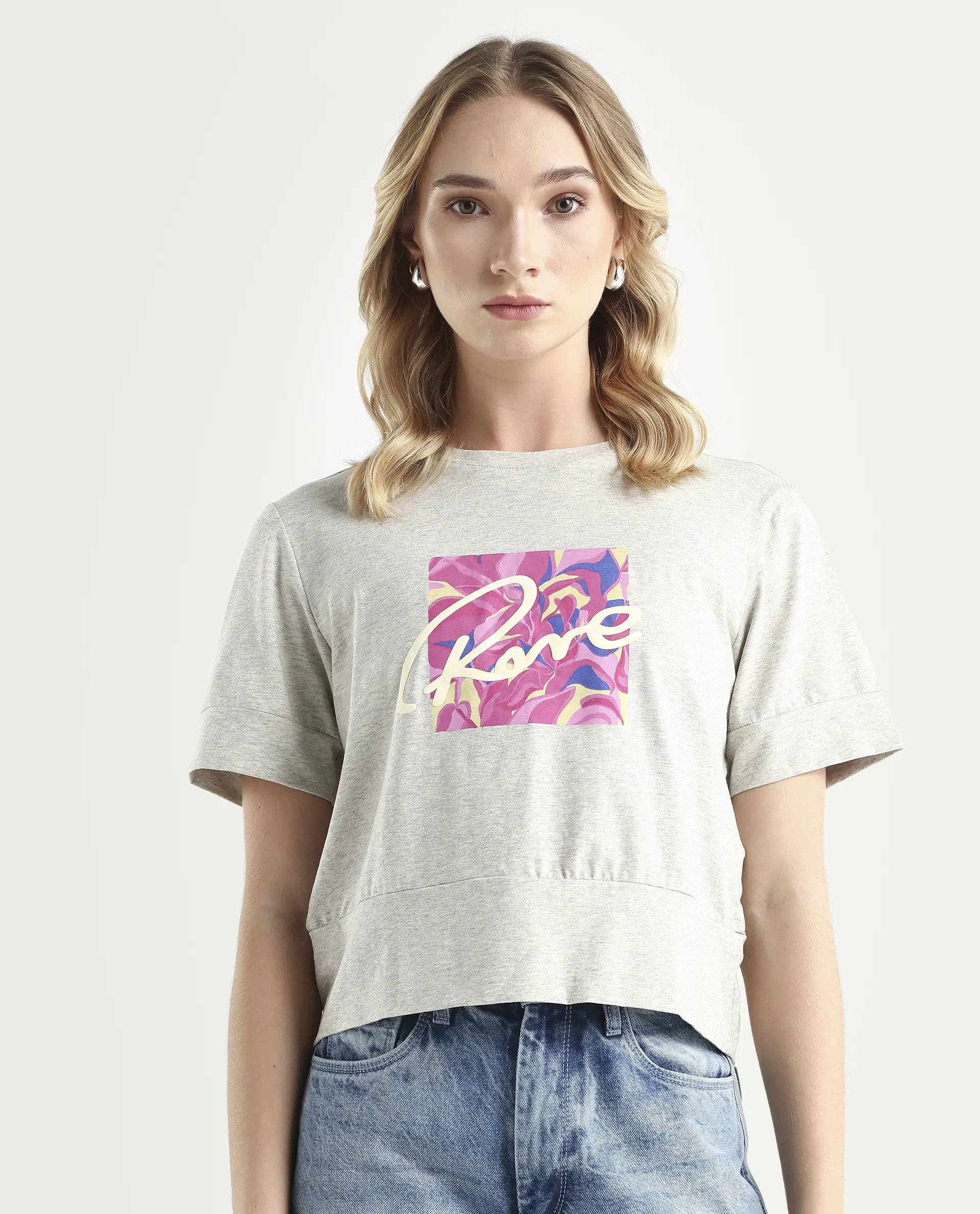 Rareism Women's Sandre Melange Grey Cotton Blend Crew Neck Graphic Print Regular Fit T-Shirt - Image 4