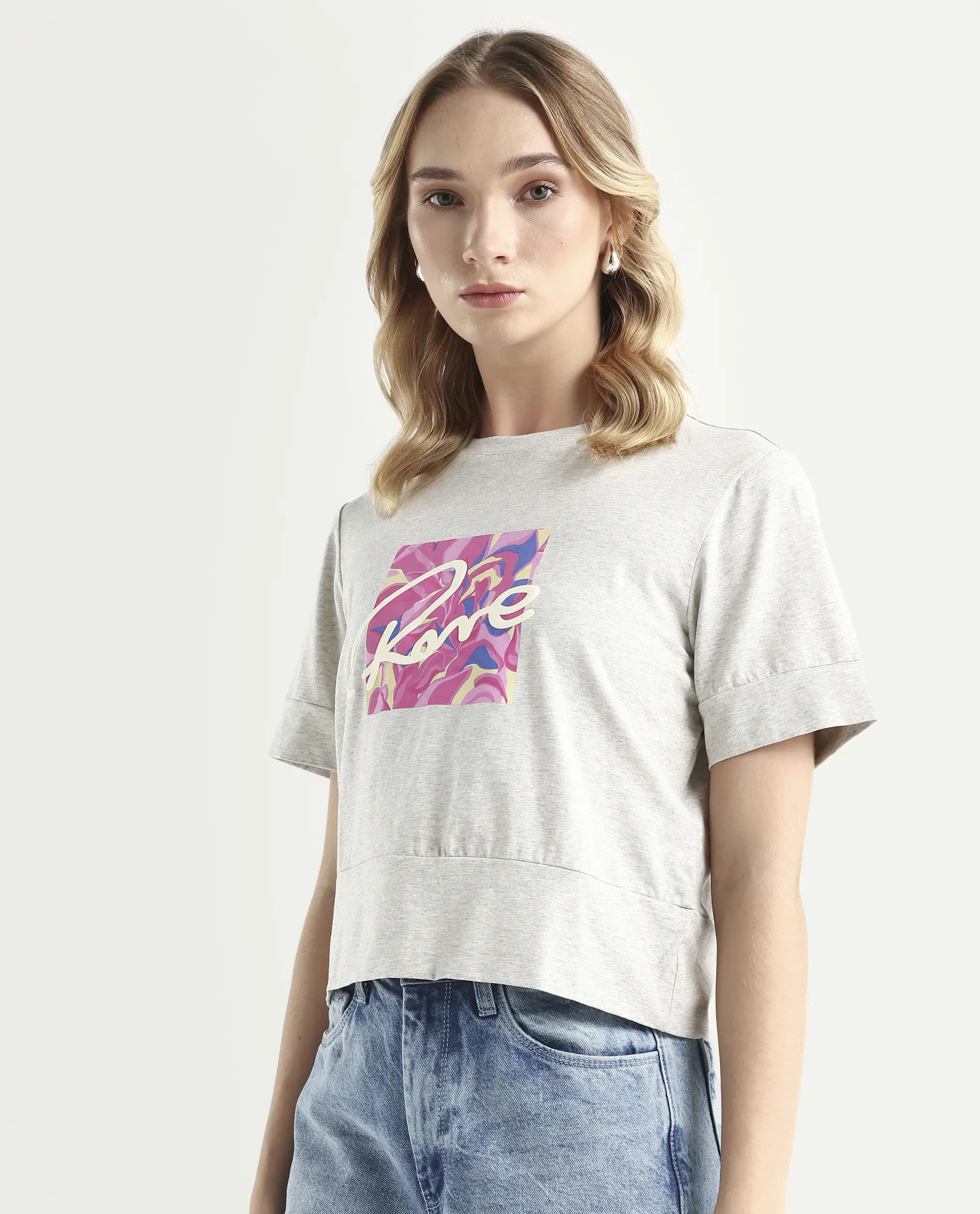 Rareism Women's Sandre Melange Grey Cotton Blend Crew Neck Graphic Print Regular Fit T-Shirt - Image 5