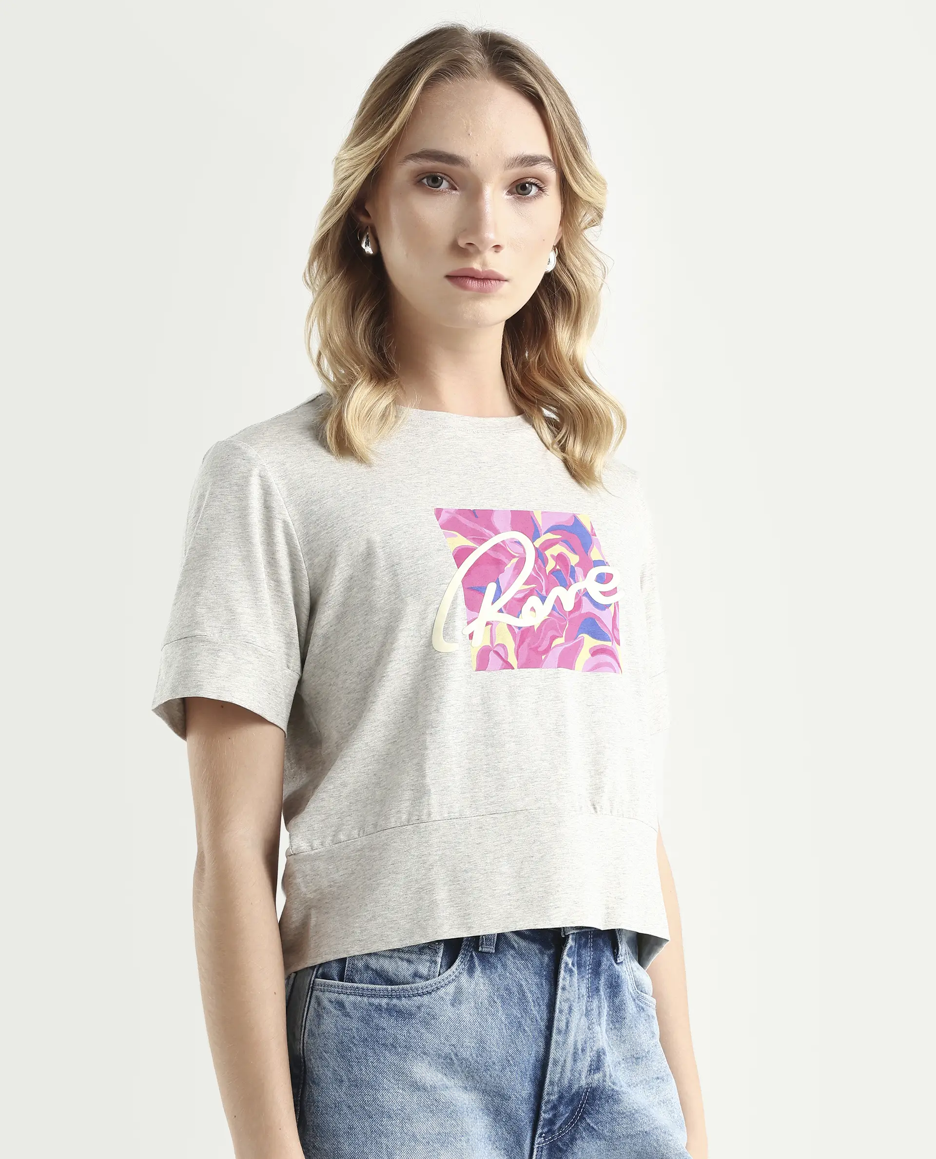 Rareism Women's Sandre Melange Grey Cotton Blend Crew Neck Graphic Print Regular Fit T-Shirt - Image 6