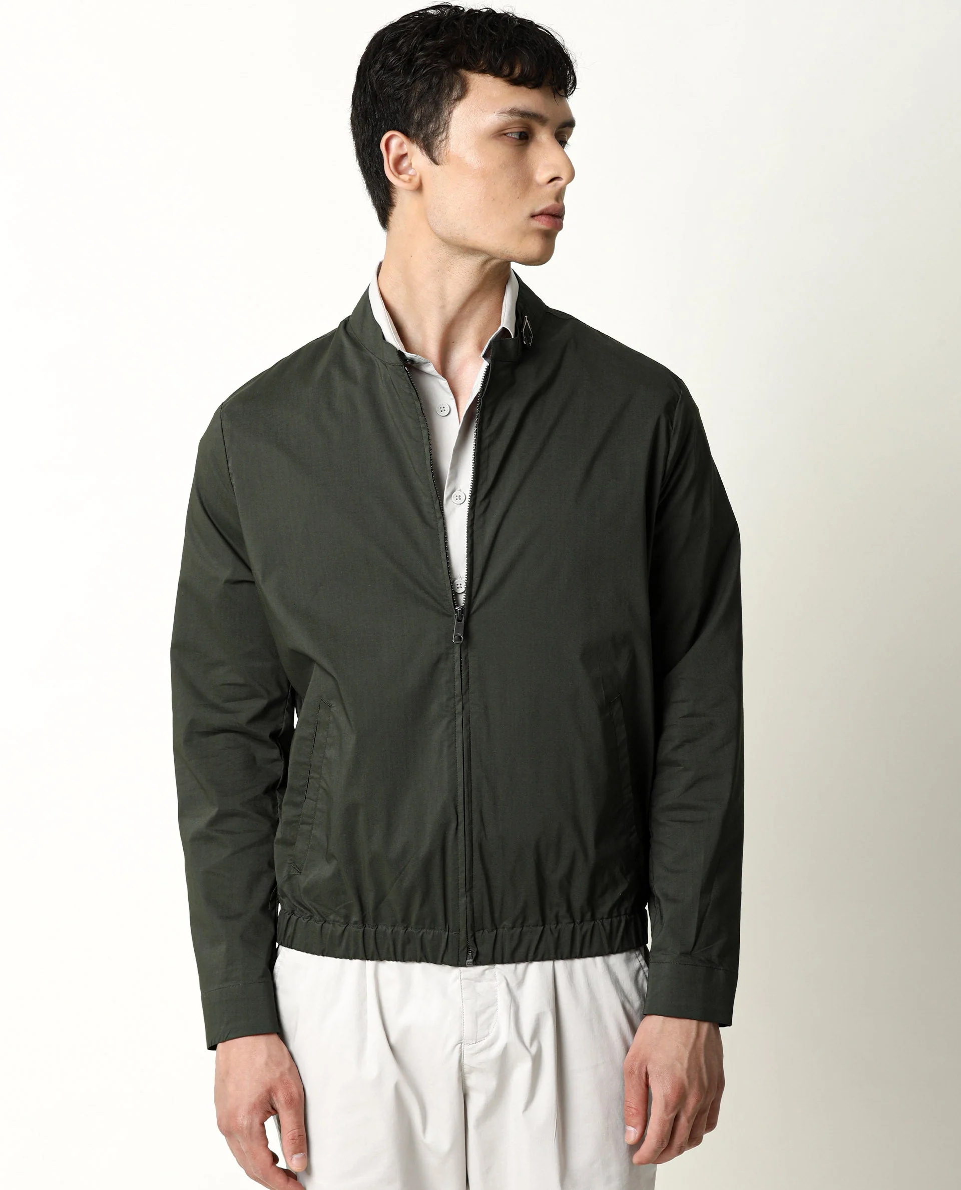 Rare Rabbit Men's Saka Olive Cotton Plain Regular Fit Full Sleeve Mandarin Collar Jacket - Image 2