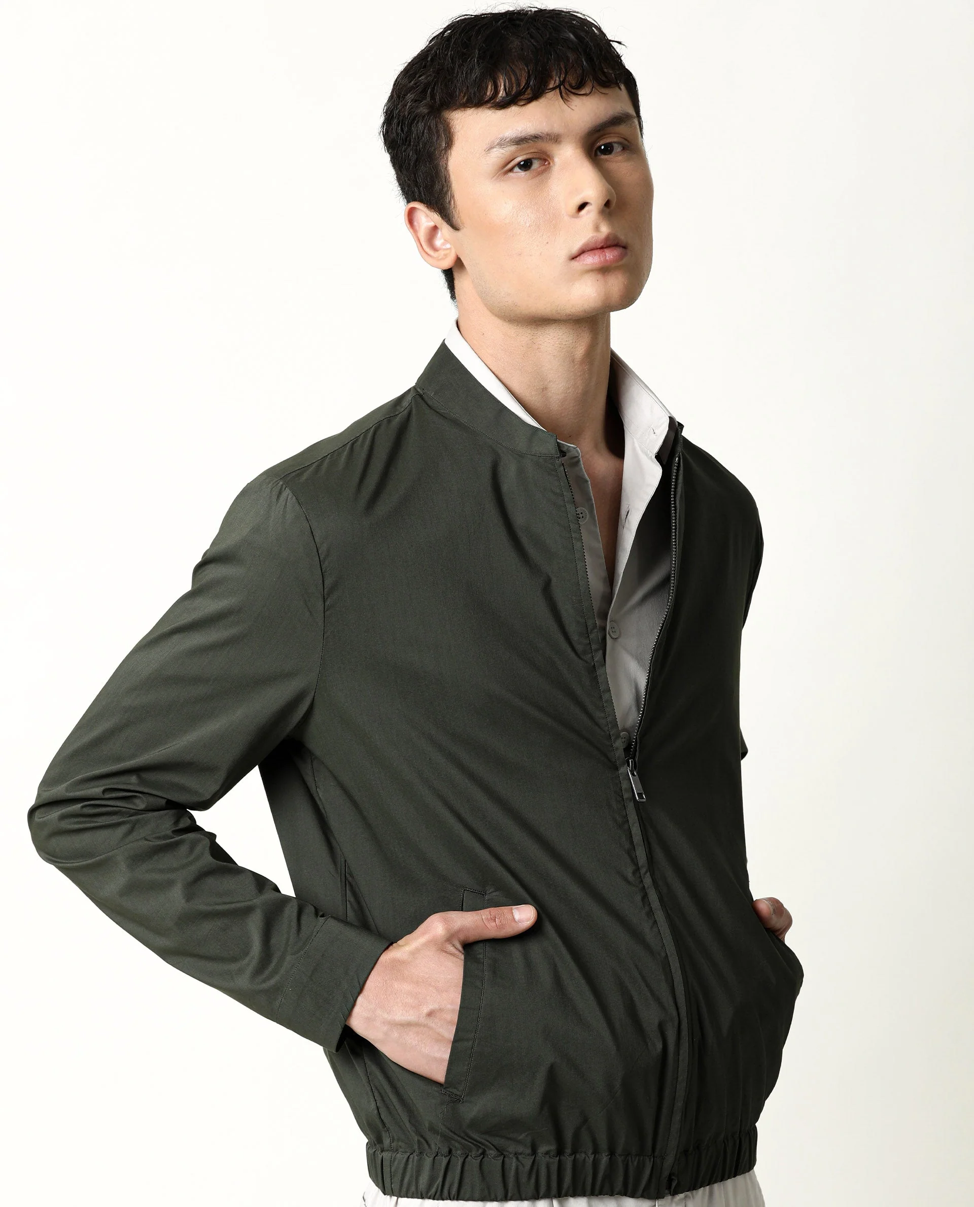 Rare Rabbit Men's Saka Olive Cotton Plain Regular Fit Full Sleeve Mandarin Collar Jacket - Image 5