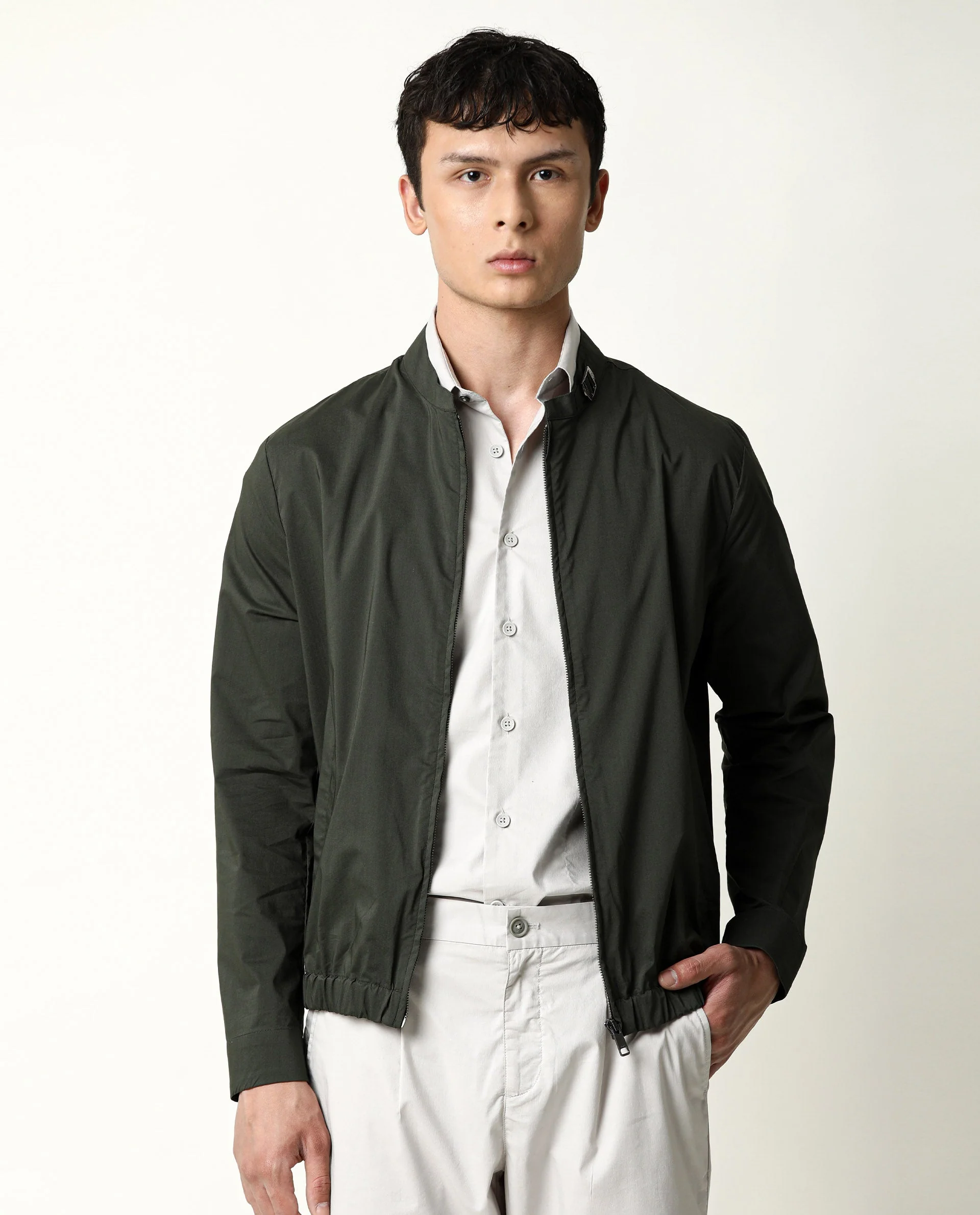 Rare Rabbit Men's Saka Olive Cotton Plain Regular Fit Full Sleeve Mandarin Collar Jacket - Image 6