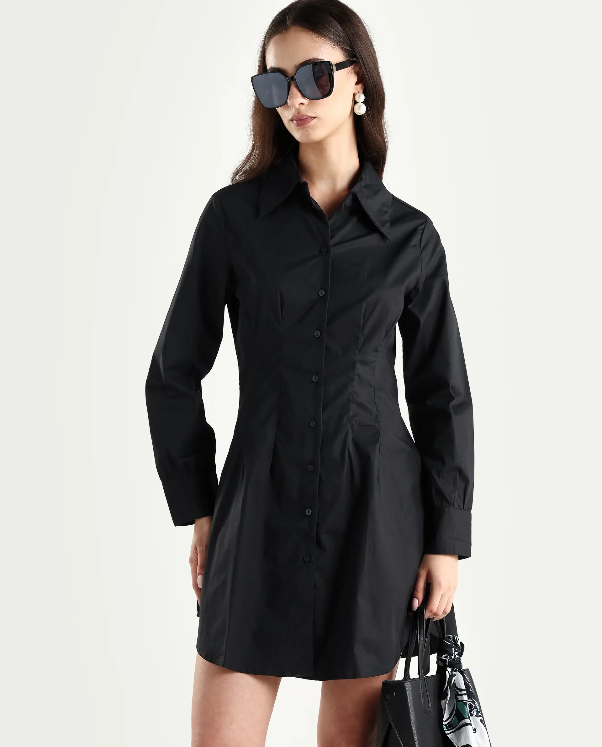 Rareism Women's Sakal Black Cotton Blend Drop Collar Plain Roll-Up Sleeve Mini Regular Fit Dress