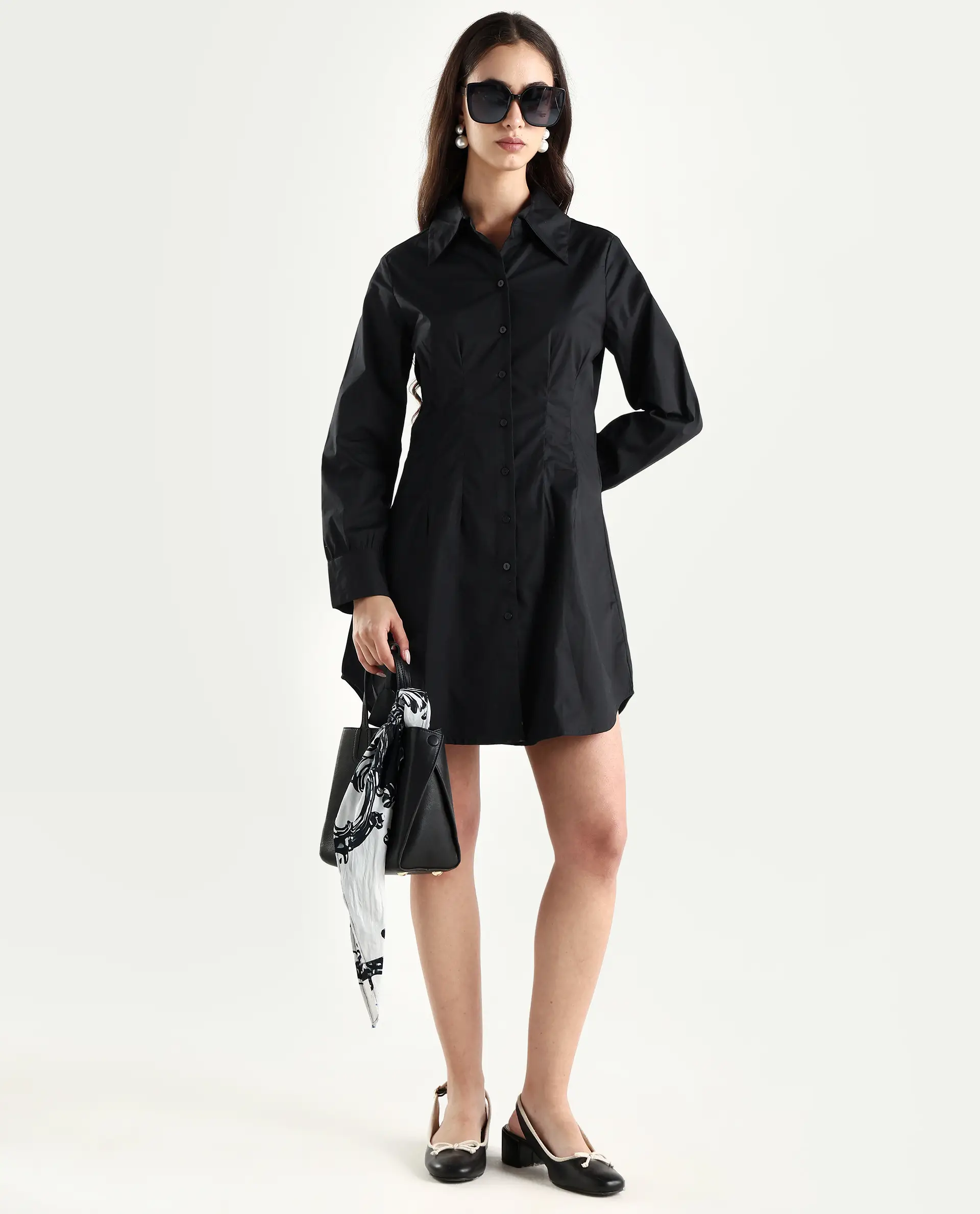 Rareism Women's Sakal Black Cotton Blend Drop Collar Plain Roll-Up Sleeve Mini Regular Fit Dress - Image 2