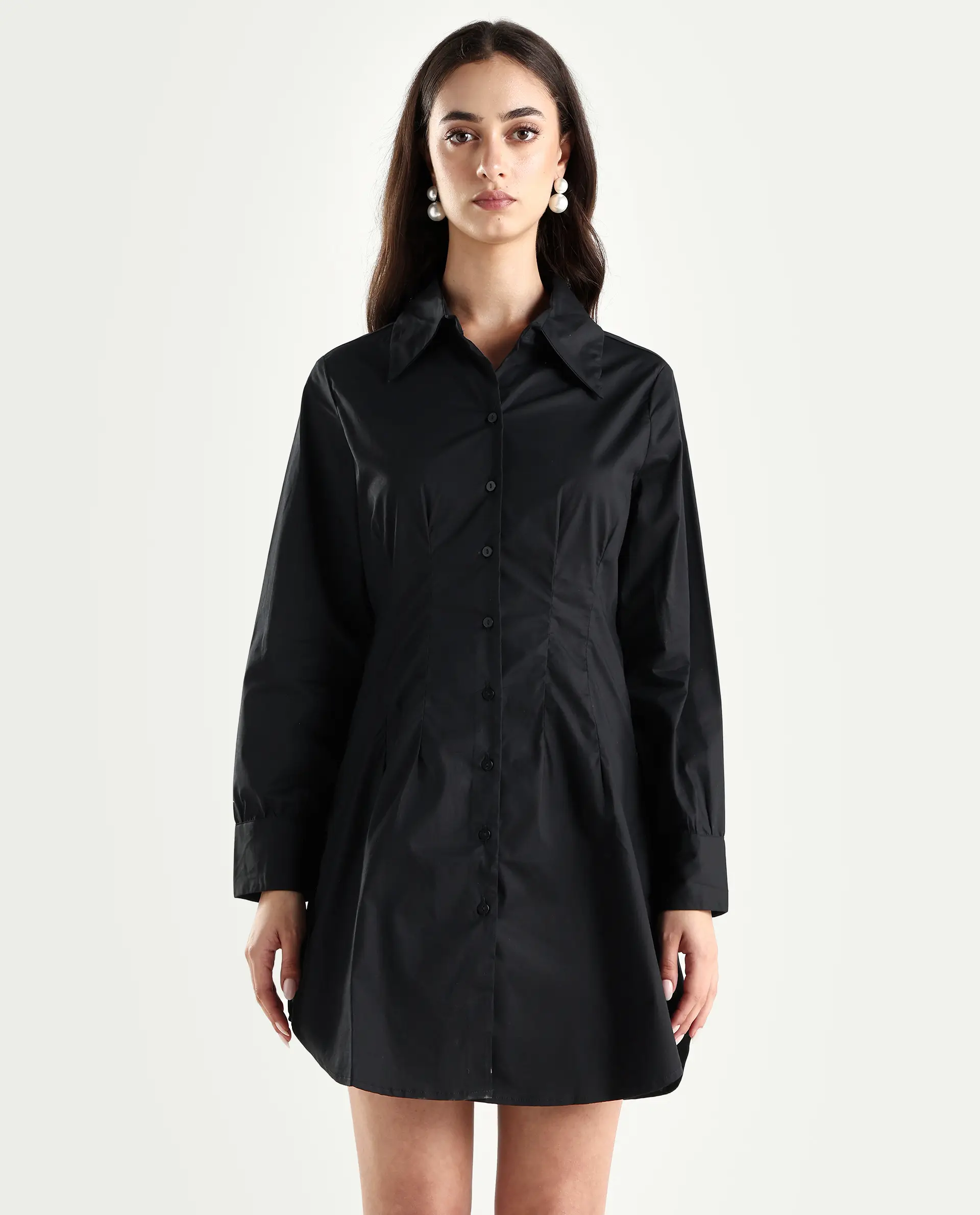 Rareism Women's Sakal Black Cotton Blend Drop Collar Plain Roll-Up Sleeve Mini Regular Fit Dress - Image 3