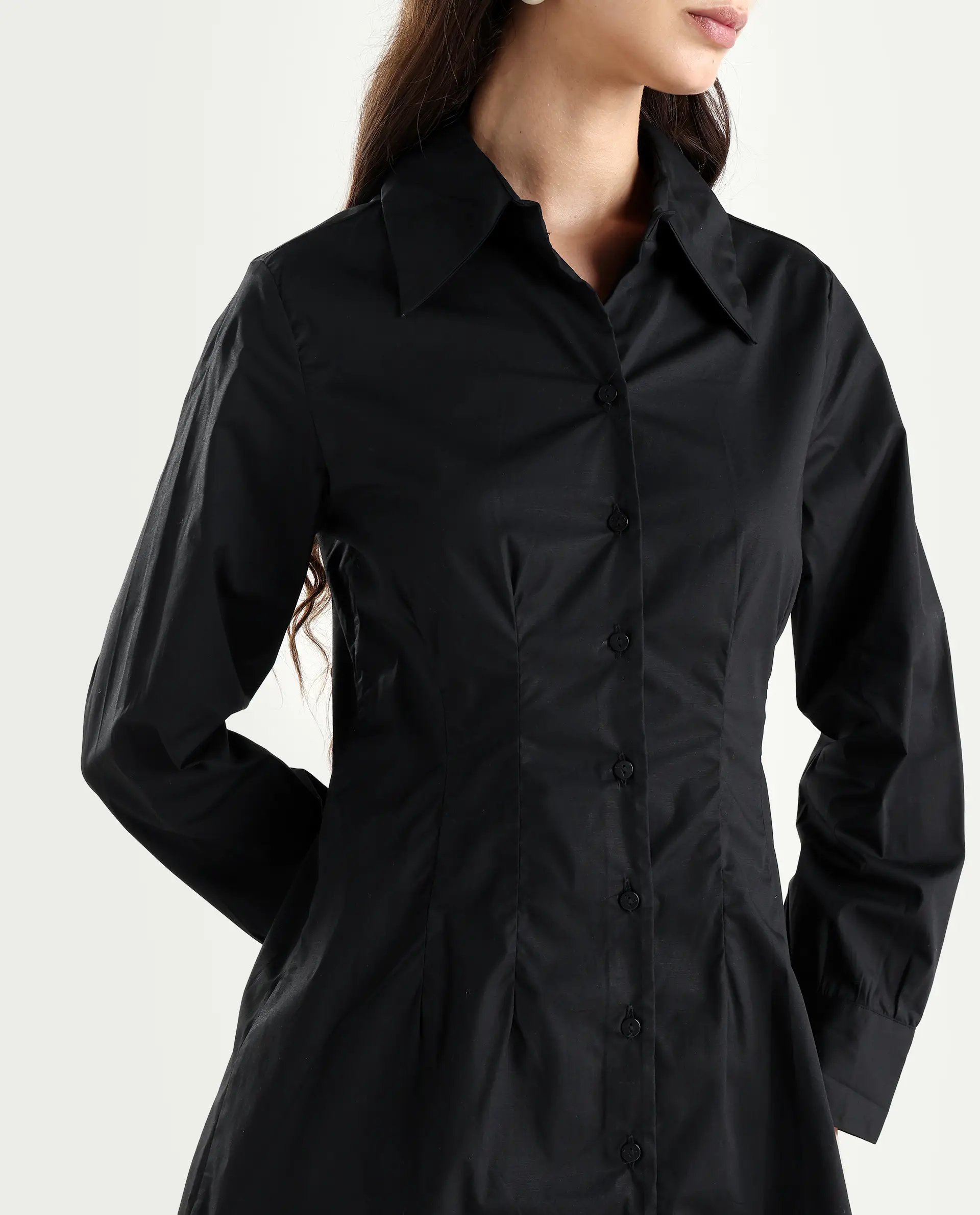 Rareism Women's Sakal Black Cotton Blend Drop Collar Plain Roll-Up Sleeve Mini Regular Fit Dress - Image 4