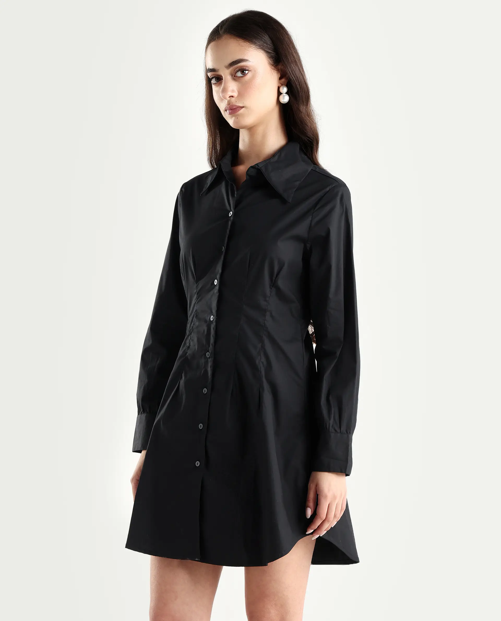 Rareism Women's Sakal Black Cotton Blend Drop Collar Plain Roll-Up Sleeve Mini Regular Fit Dress - Image 5