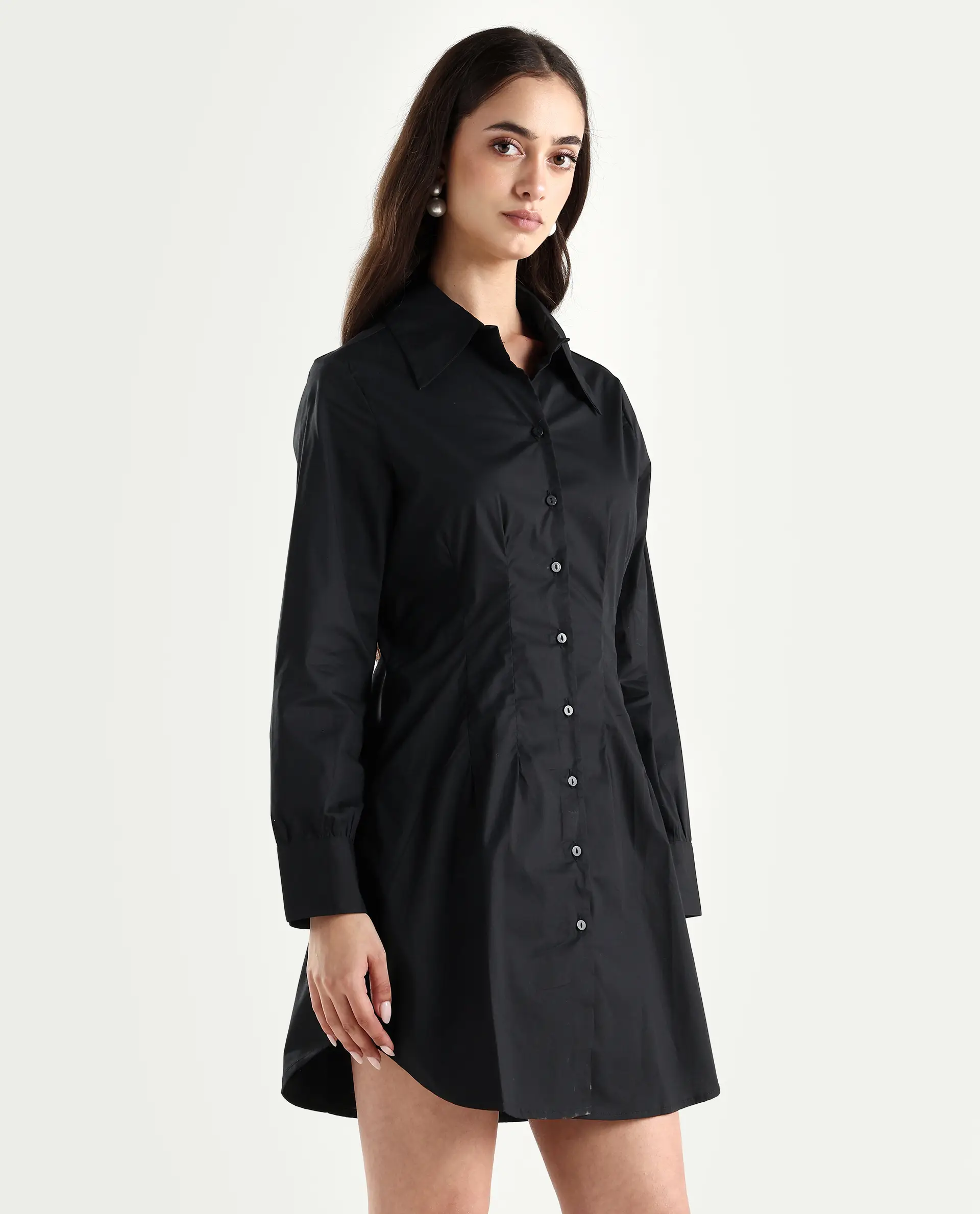 Rareism Women's Sakal Black Cotton Blend Drop Collar Plain Roll-Up Sleeve Mini Regular Fit Dress - Image 6