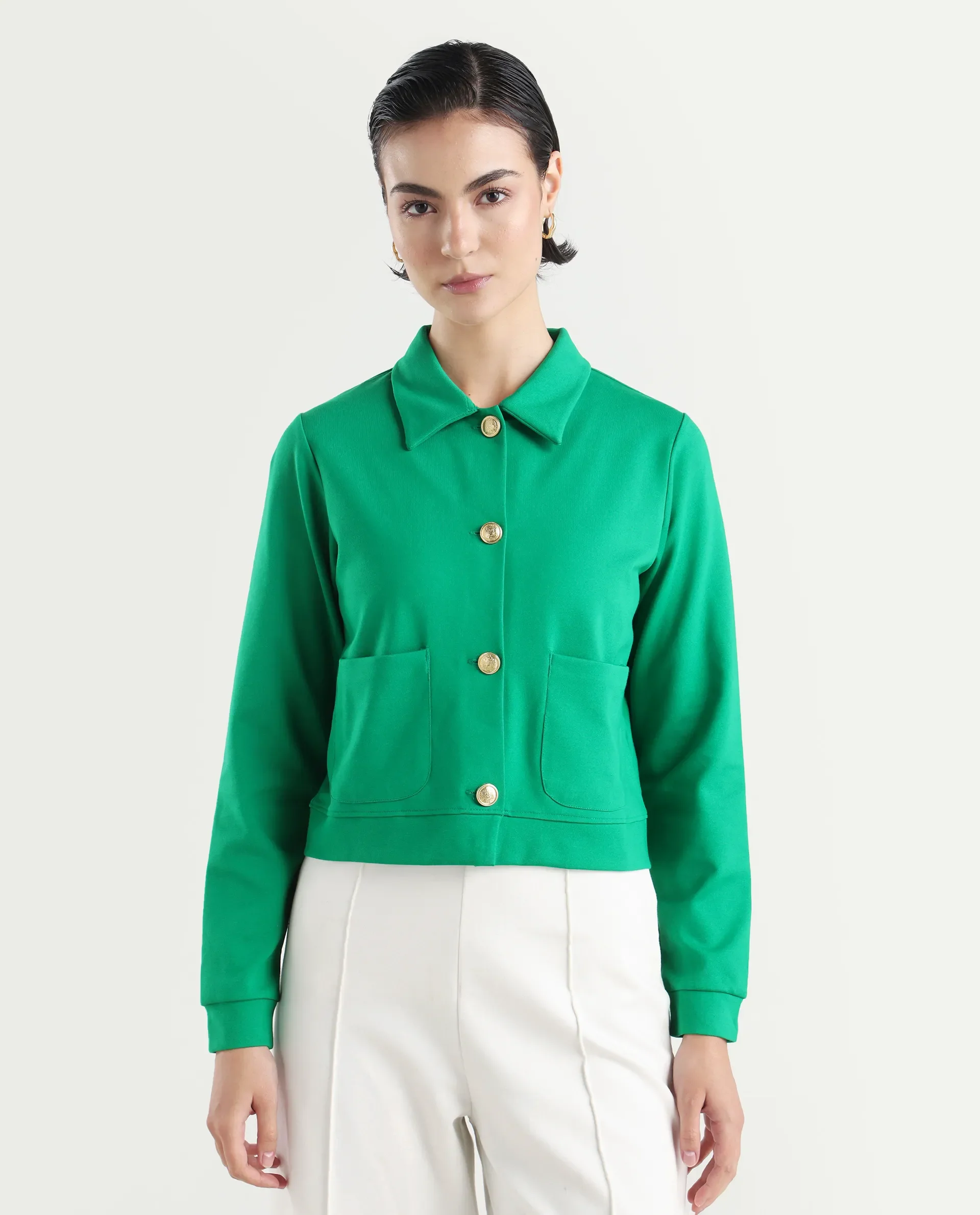 Rareism Women's Sakaryan Green Cotton Blend Spread Collar Plain Regular Fit Shirt - Image 3