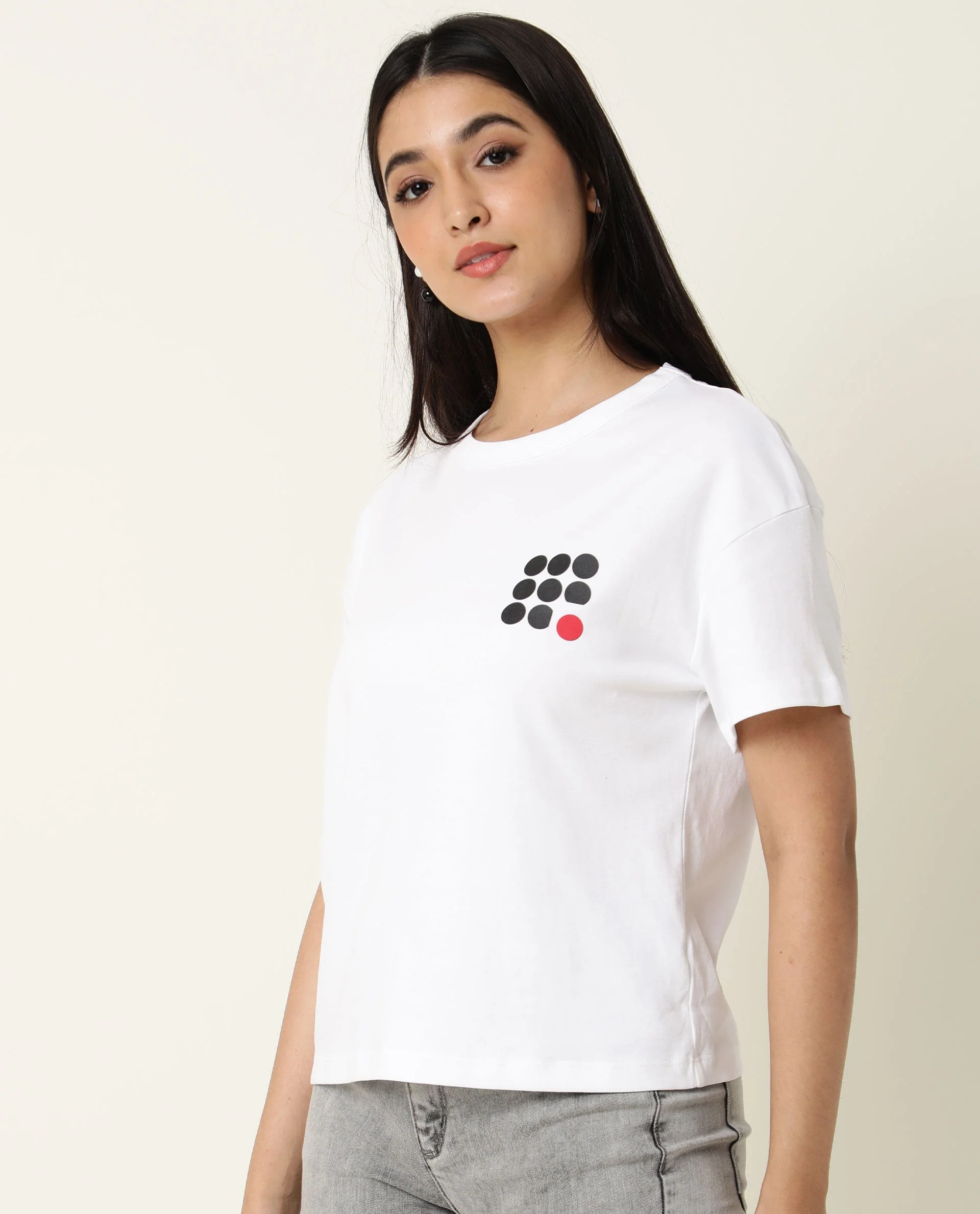 Rareism Women's Sake White Cotton Crew Neck Color Block Regular Fit T-Shirt