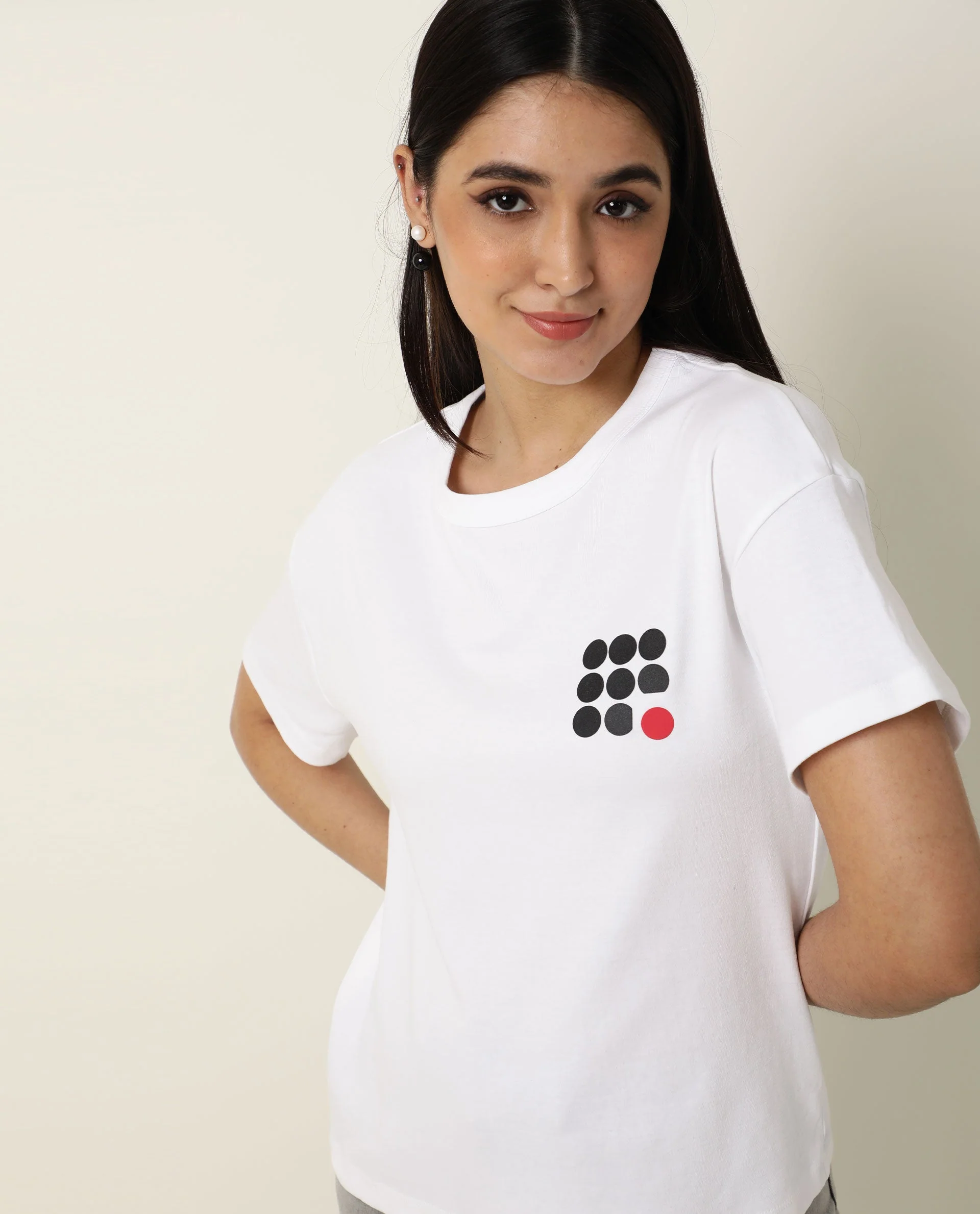 Rareism Women's Sake White Cotton Crew Neck Color Block Regular Fit T-Shirt - Image 2
