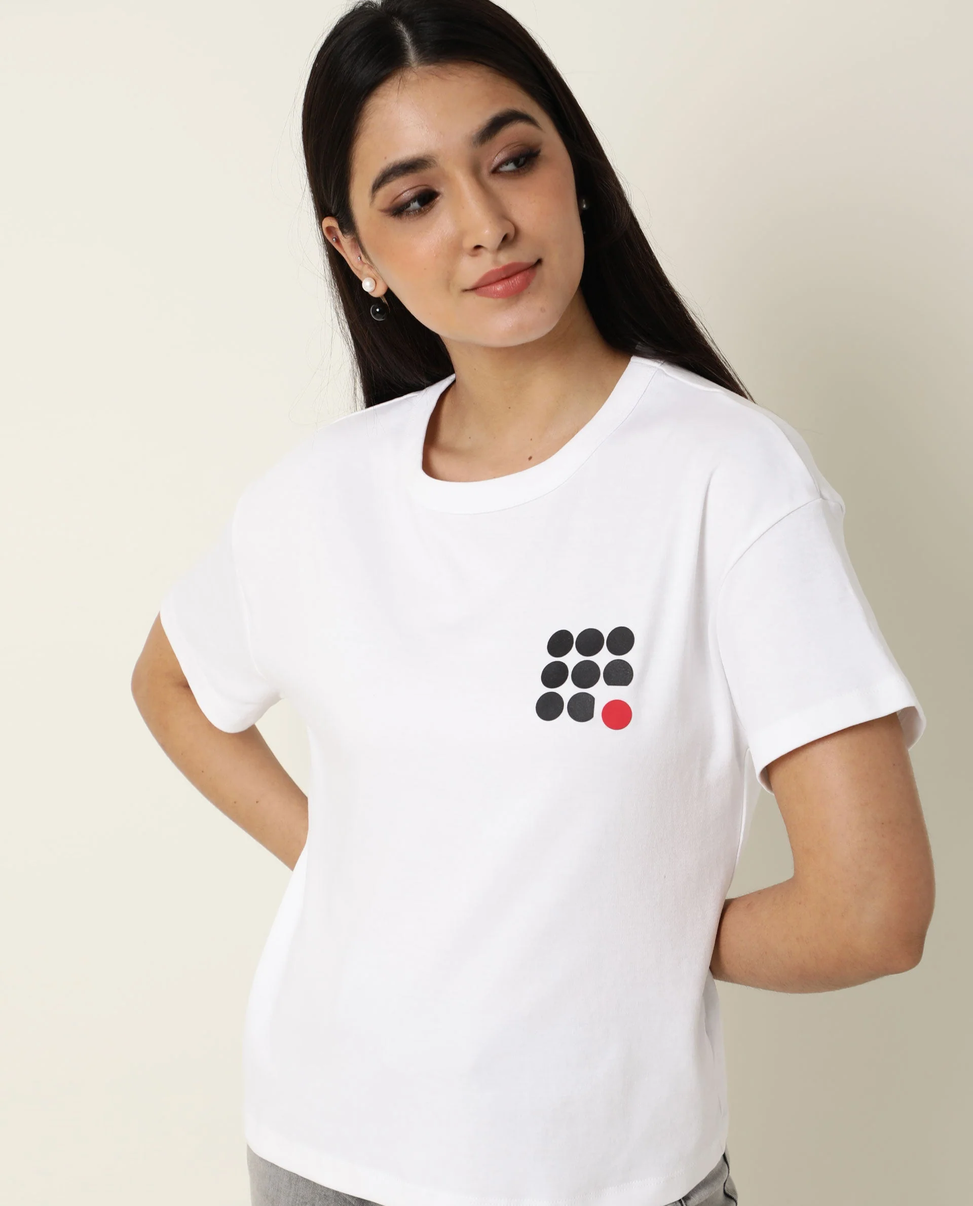 Rareism Women's Sake White Cotton Crew Neck Color Block Regular Fit T-Shirt - Image 4
