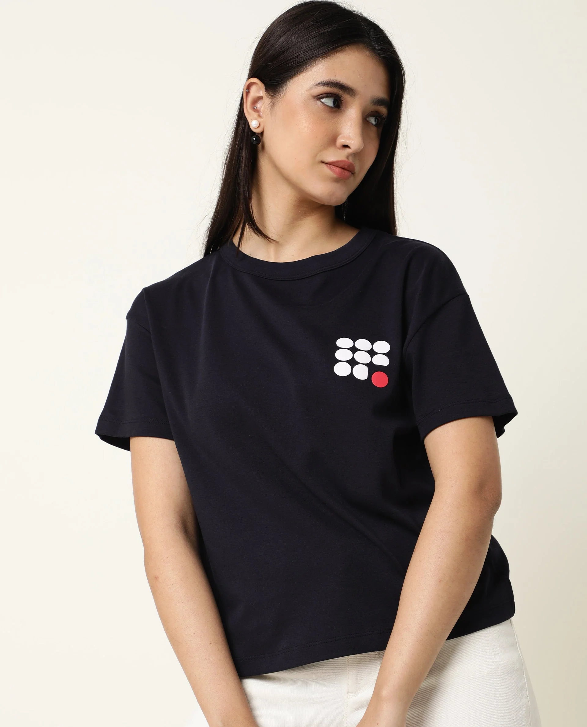 Rareism Women's Sake Navy Cotton Crew Neck Color Block Regular Fit T-Shirt - Image 3