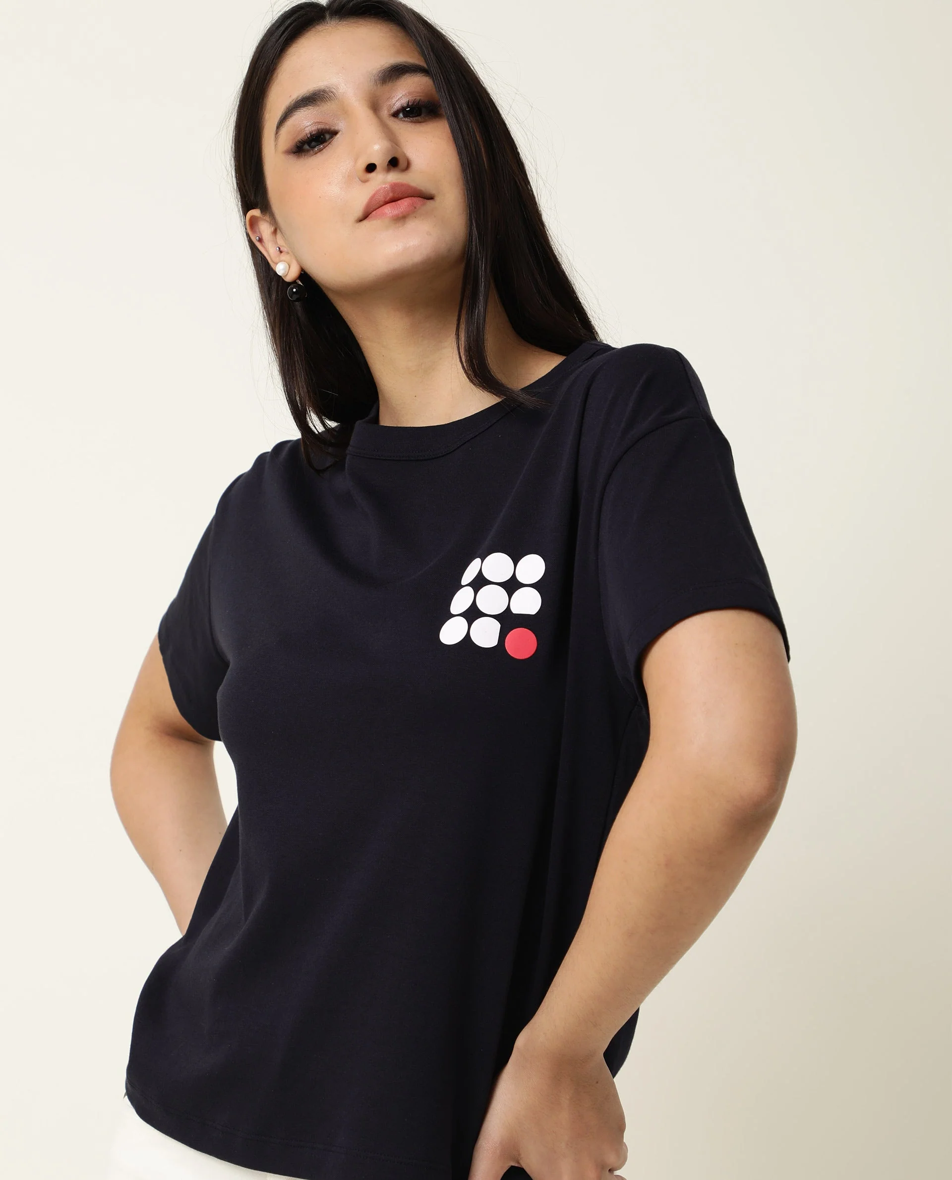 Rareism Women's Sake Navy Cotton Crew Neck Color Block Regular Fit T-Shirt - Image 4