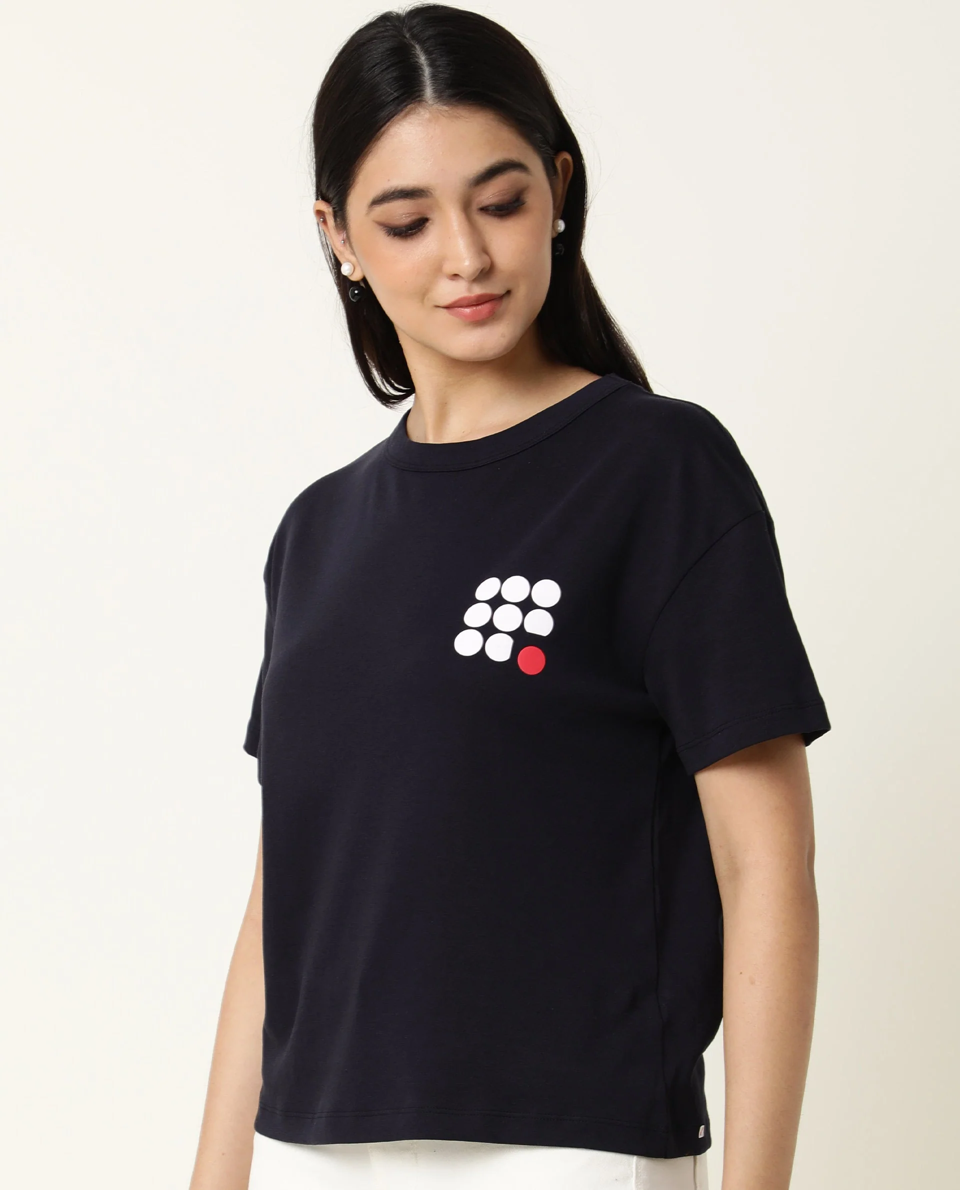 Rareism Women's Sake Navy Cotton Crew Neck Color Block Regular Fit T-Shirt - Image 6