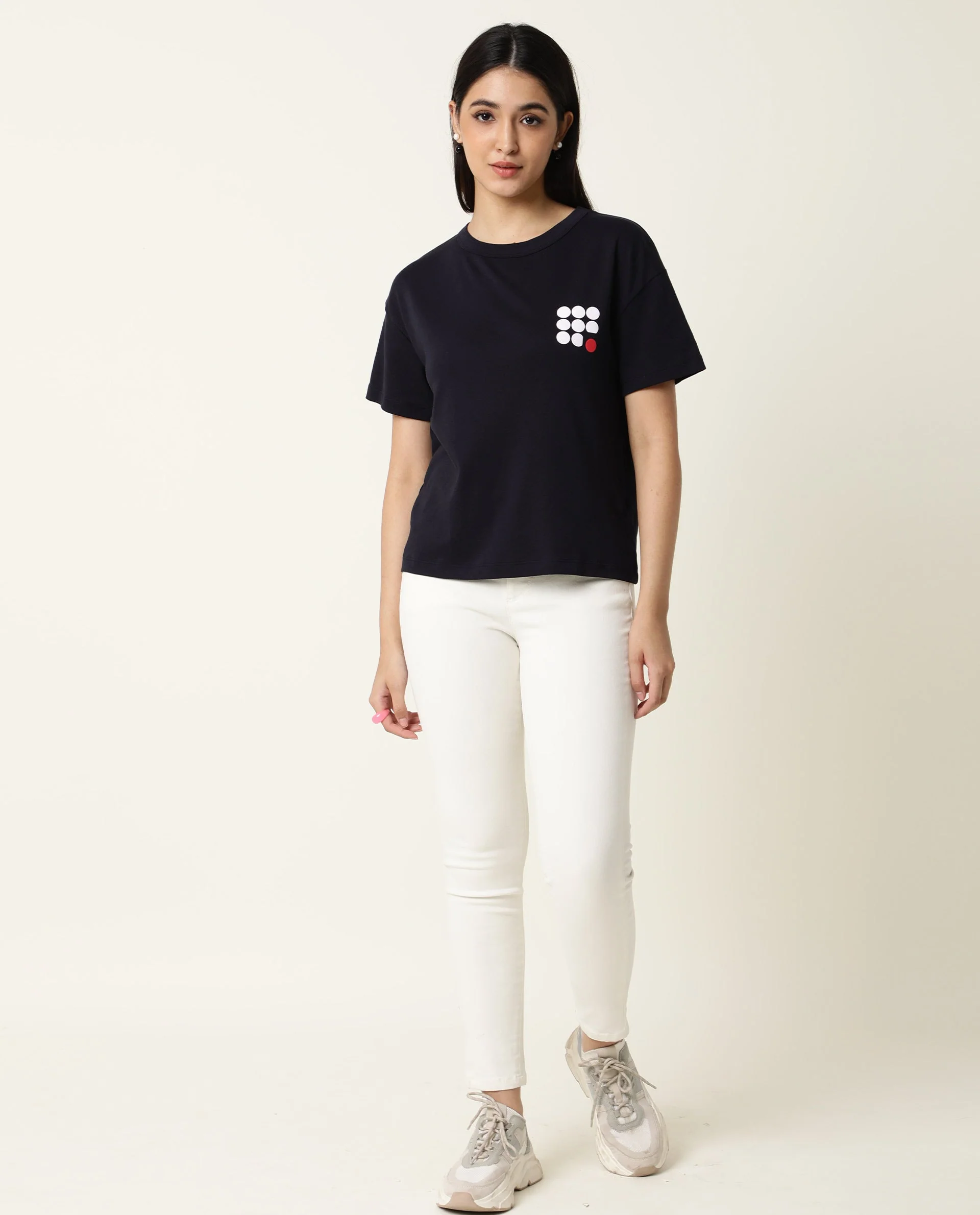 Rareism Women's Sake Navy Cotton Crew Neck Color Block Regular Fit T-Shirt - Image 7