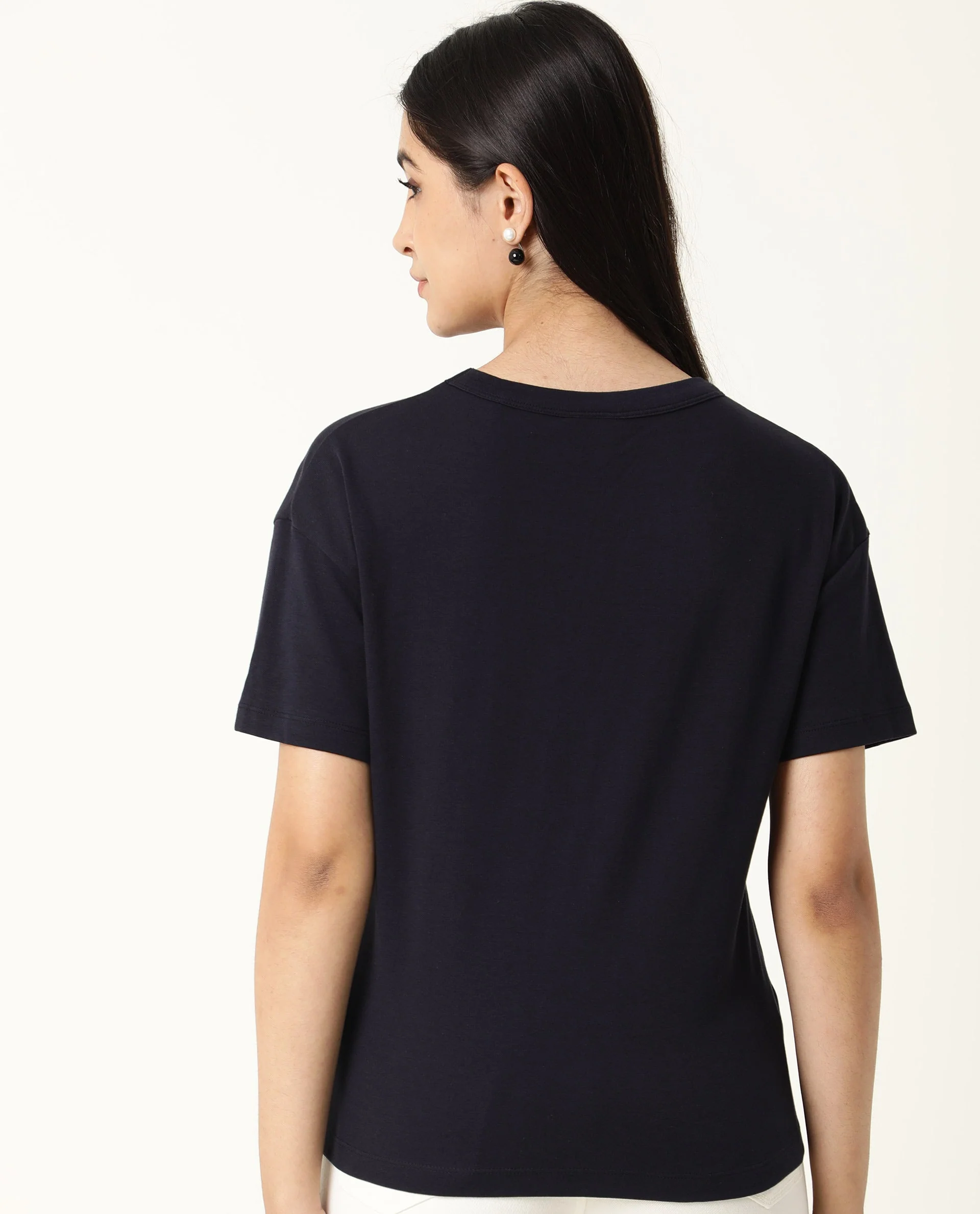 Rareism Women's Sake Navy Cotton Crew Neck Color Block Regular Fit T-Shirt - Image 8