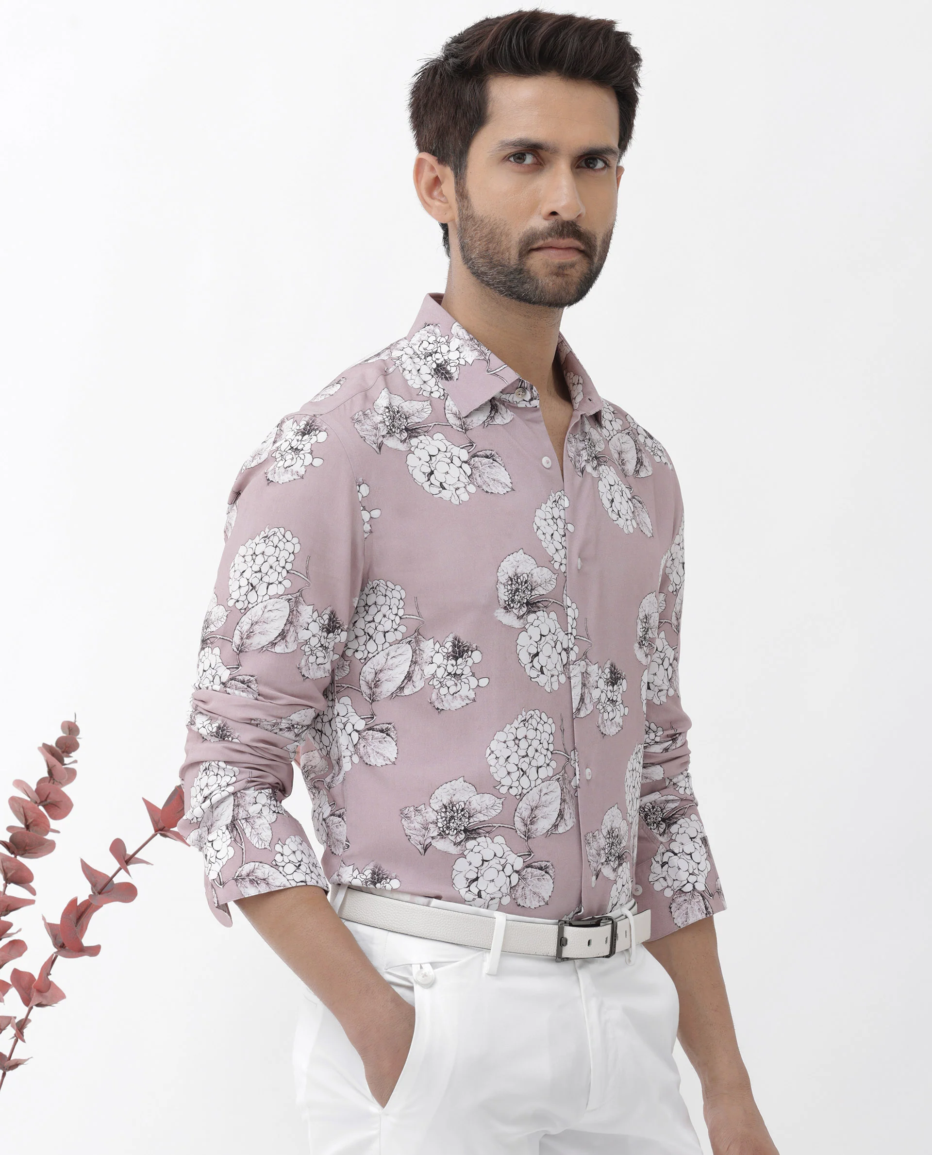 Rare Rabbit Men's Sakon Dusky Pink Viscose Floral Print Regular Fit Full Sleeve Collared Shirt - Image 3