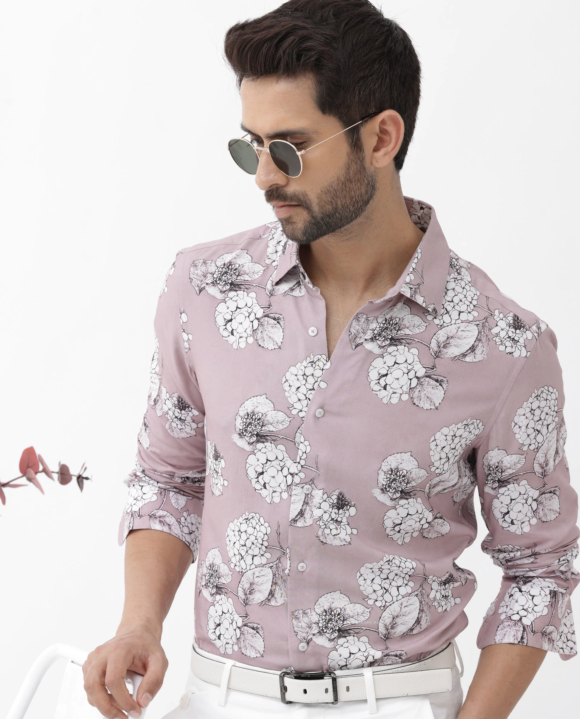 Rare Rabbit Men's Sakon Dusky Pink Viscose Floral Print Regular Fit Full Sleeve Collared Shirt - Image 4