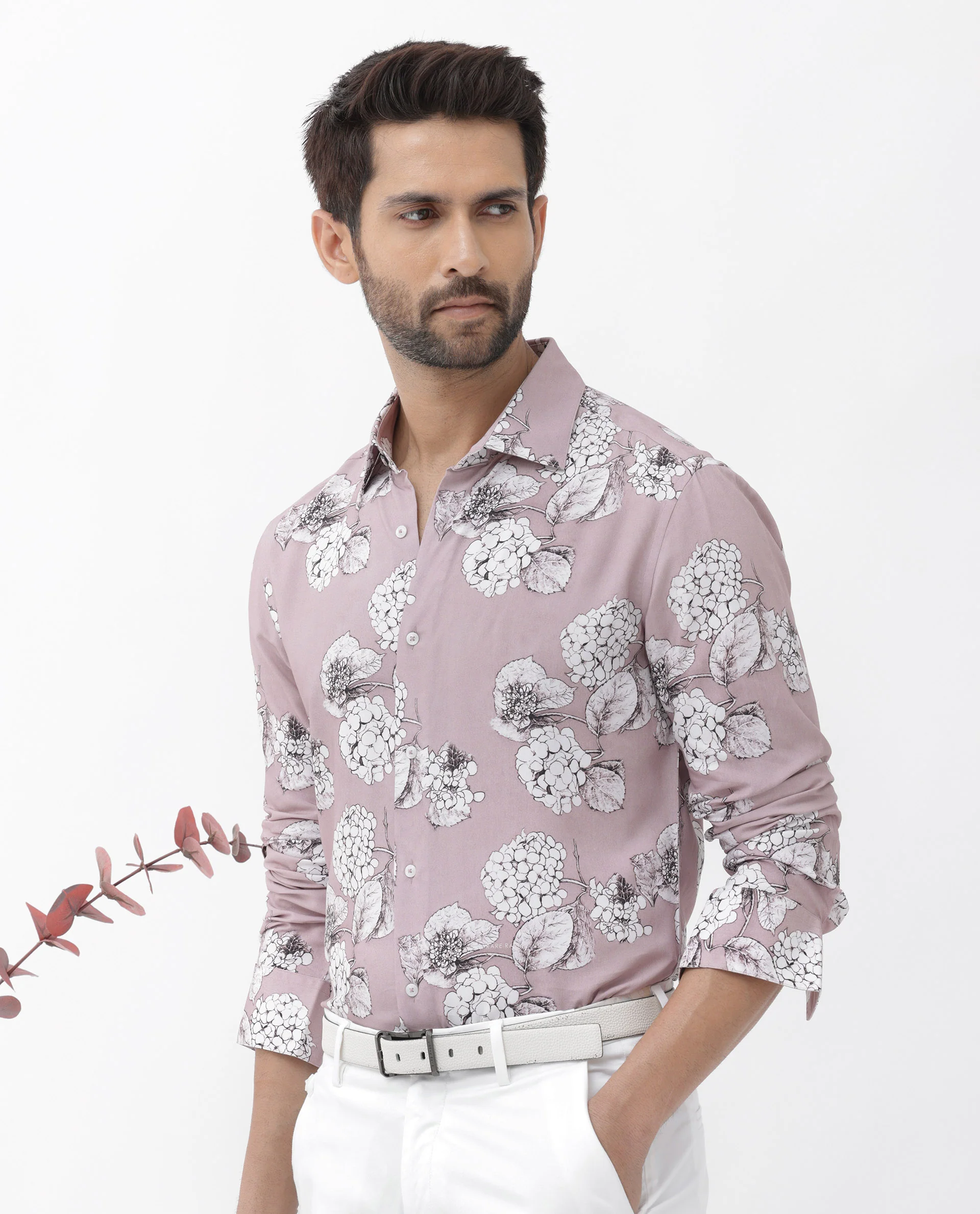 Rare Rabbit Men's Sakon Dusky Pink Viscose Floral Print Regular Fit Full Sleeve Collared Shirt - Image 7