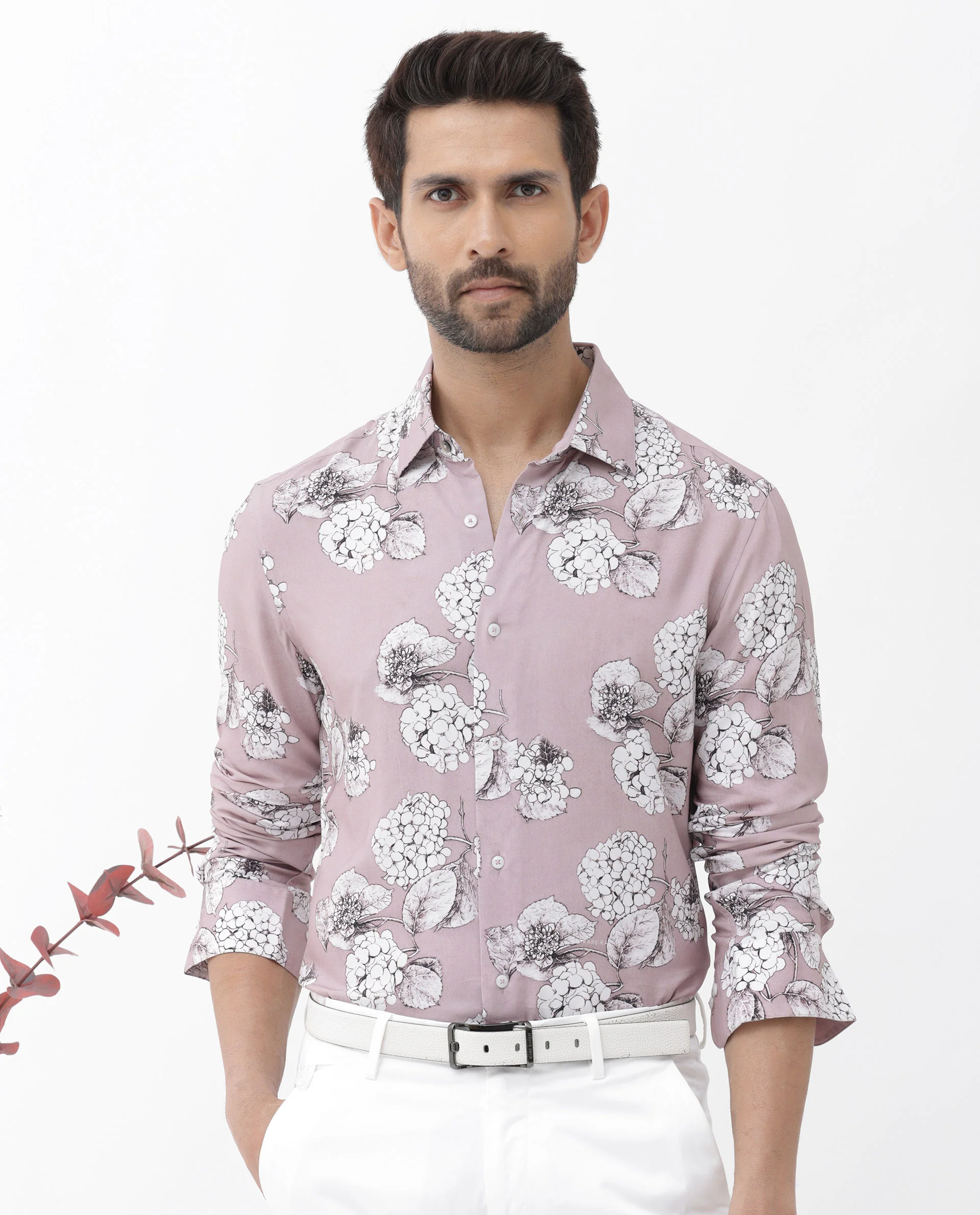Rare Rabbit Men's Sakon Dusky Pink Viscose Floral Print Regular Fit Full Sleeve Collared Shirt - Image 9