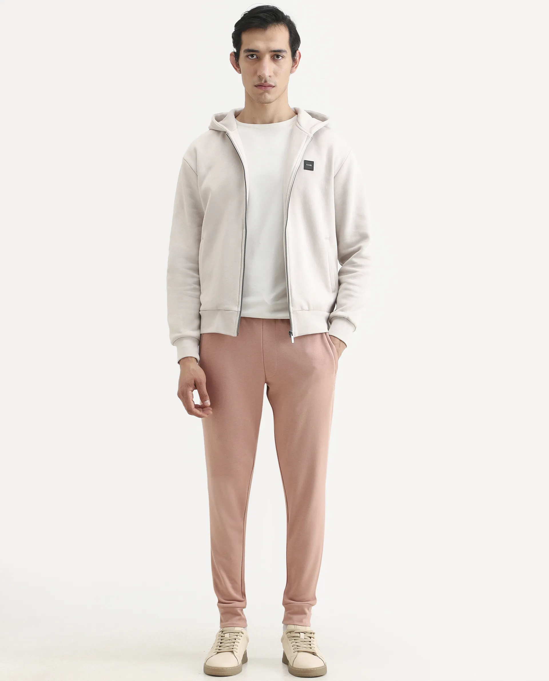 Rare Rabbit Men's Saku Peach Cotton Plain Regular Fit Joggers - Image 3