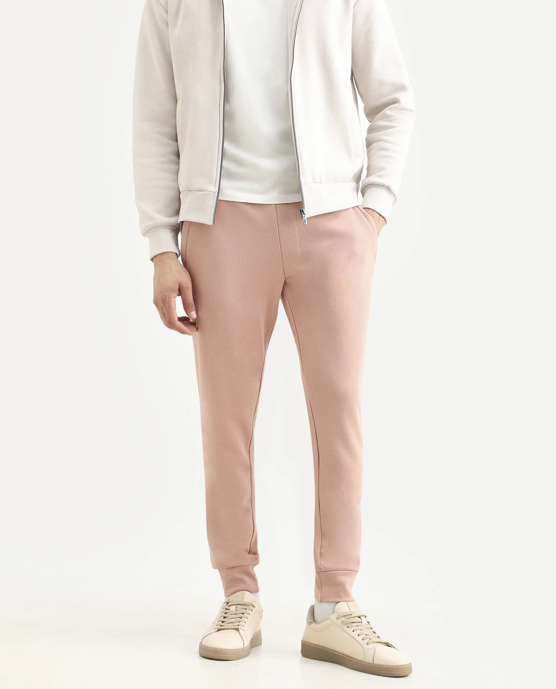 Rare Rabbit Men's Saku Peach Cotton Plain Regular Fit Joggers - Image 4