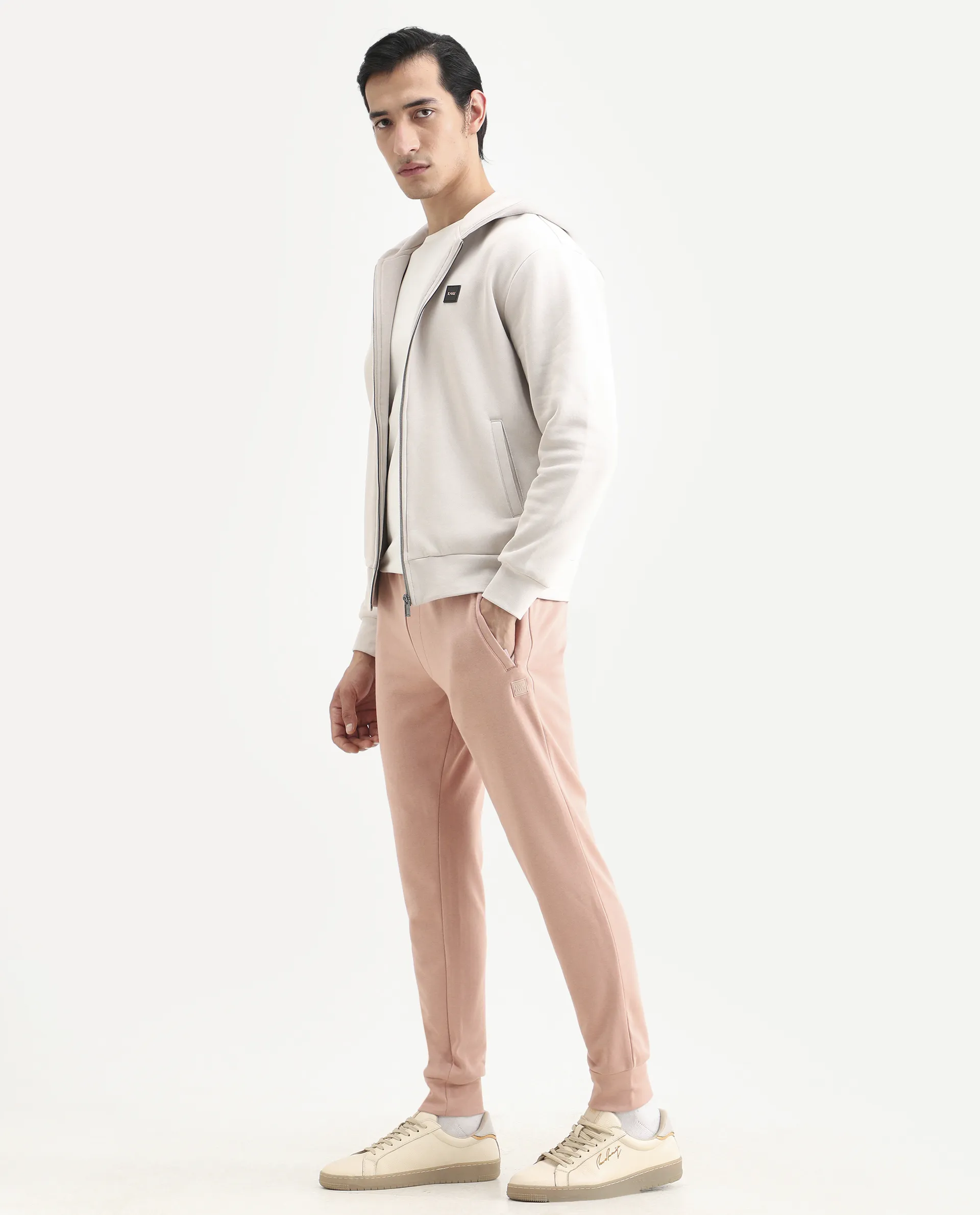 Rare Rabbit Men's Saku Peach Cotton Plain Regular Fit Joggers - Image 6