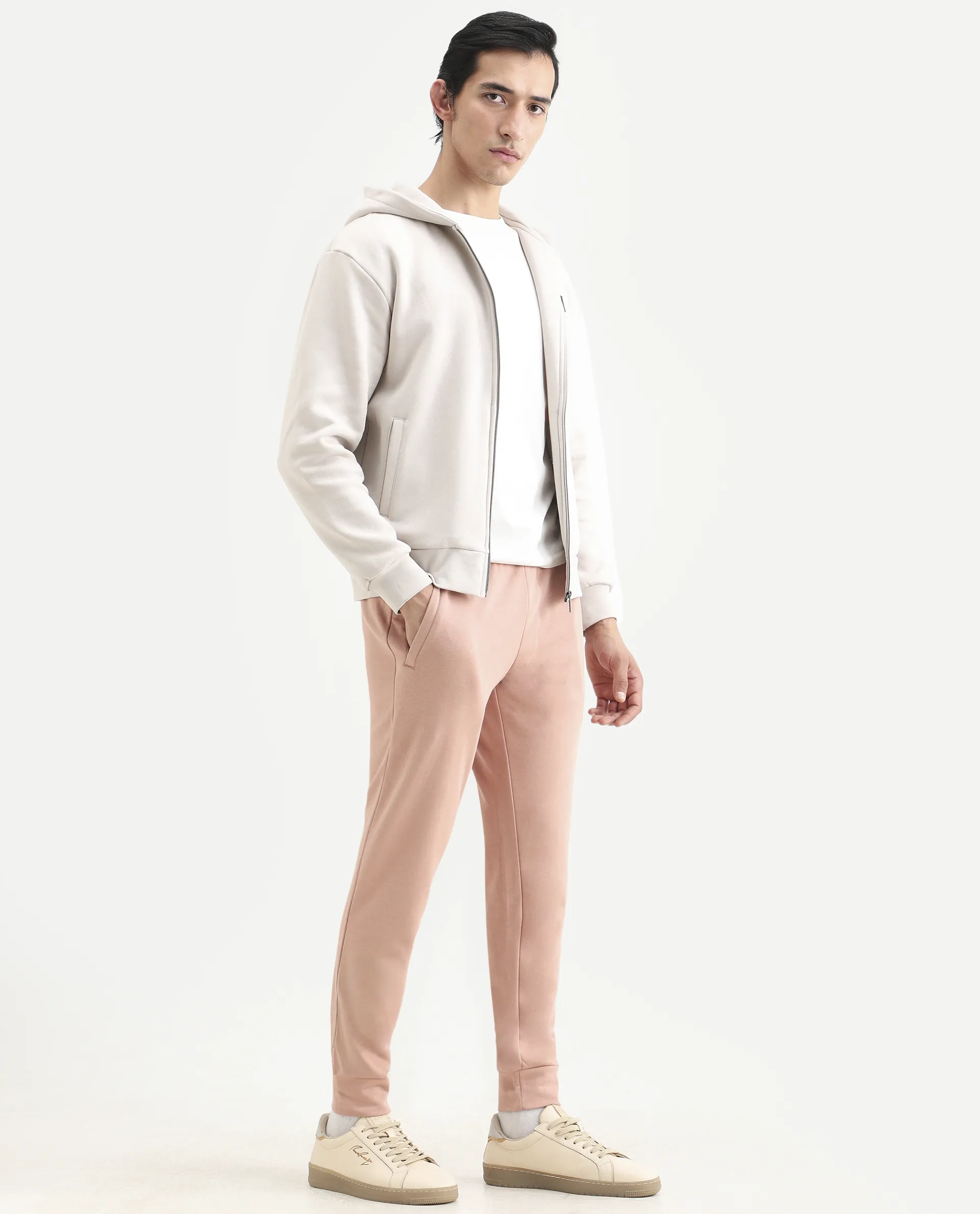 Rare Rabbit Men's Saku Peach Cotton Plain Regular Fit Joggers - Image 7