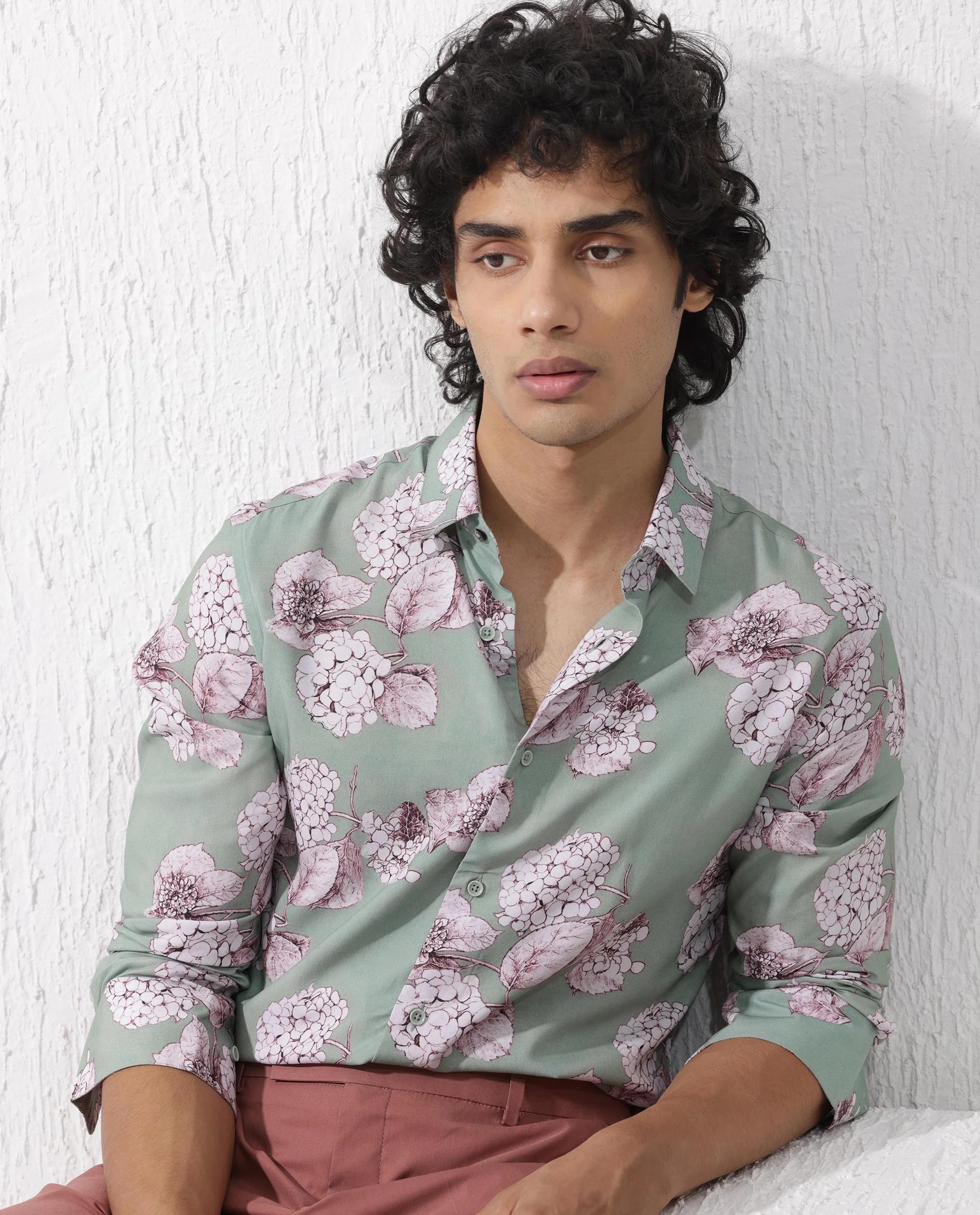 Rare Rabbit Men's Sakura Dusky Green Cotton Floral Print Regular Fit Full Sleeve Collared Shirt - Image 3