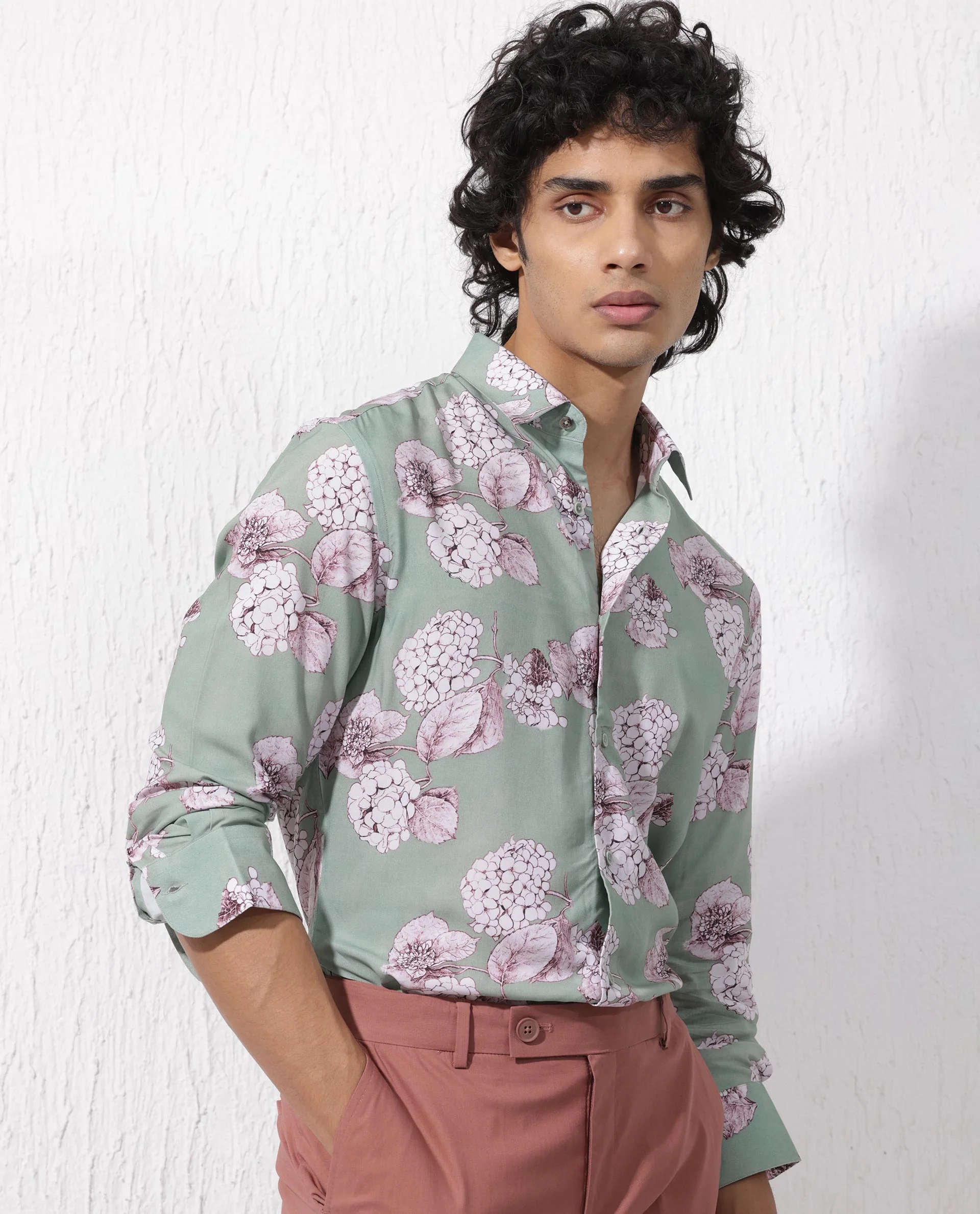 Rare Rabbit Men's Sakura Dusky Green Cotton Floral Print Regular Fit Full Sleeve Collared Shirt - Image 7