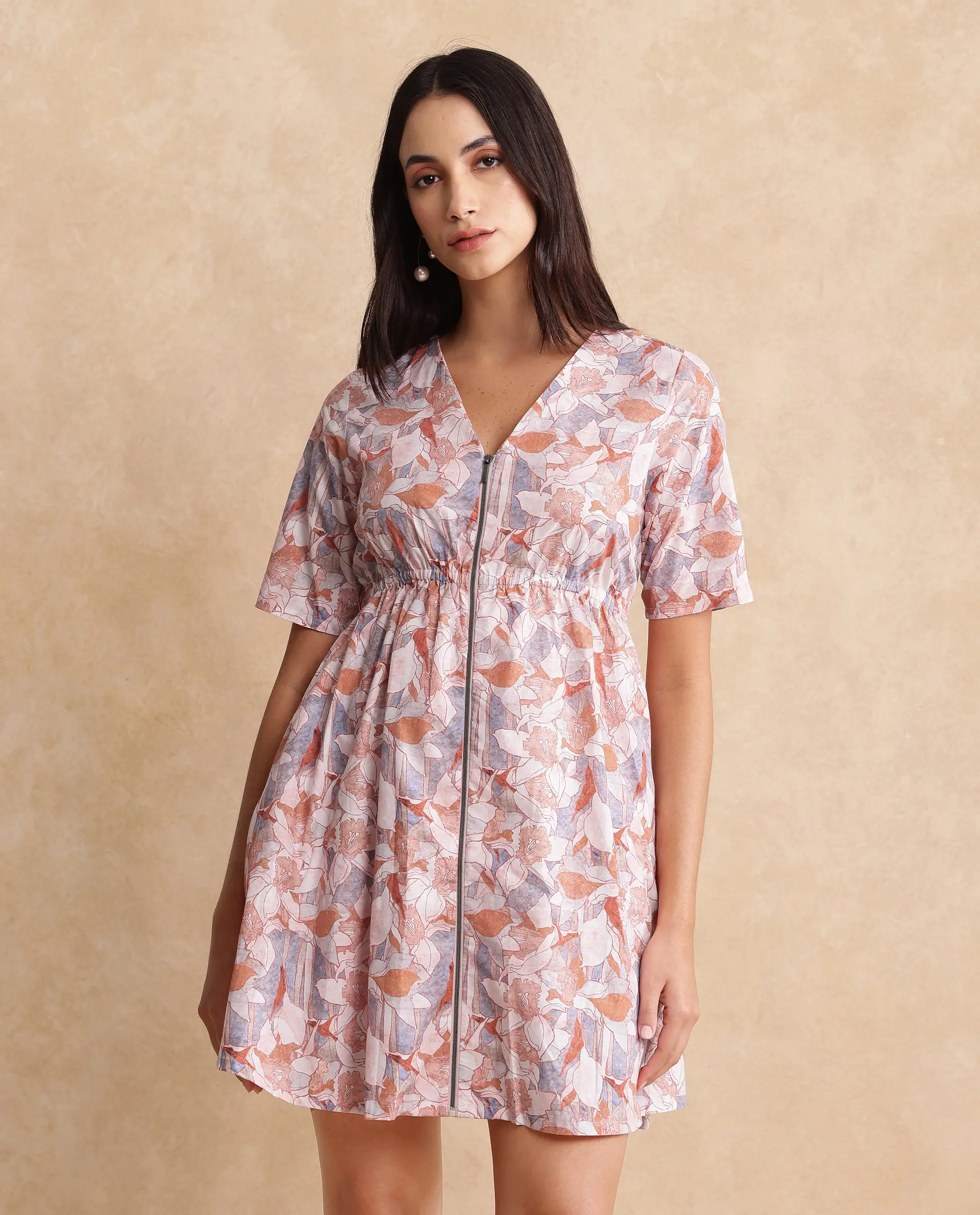 Rareism Women's Salao Multi Cotton V-Neck Abstract Print Knee Length Fit And Flare Dress