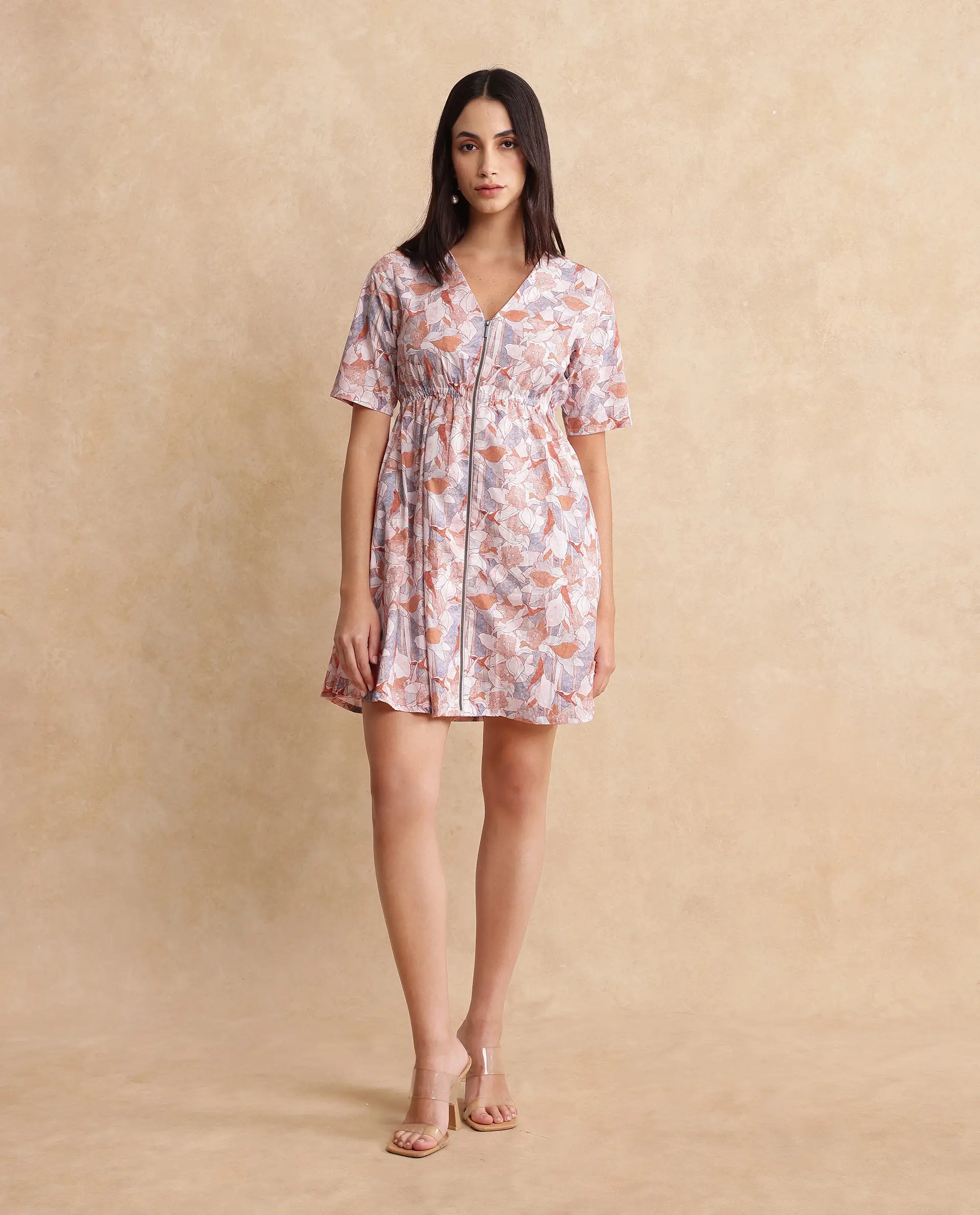Rareism Women's Salao Multi Cotton V-Neck Abstract Print Knee Length Fit And Flare Dress - Image 2