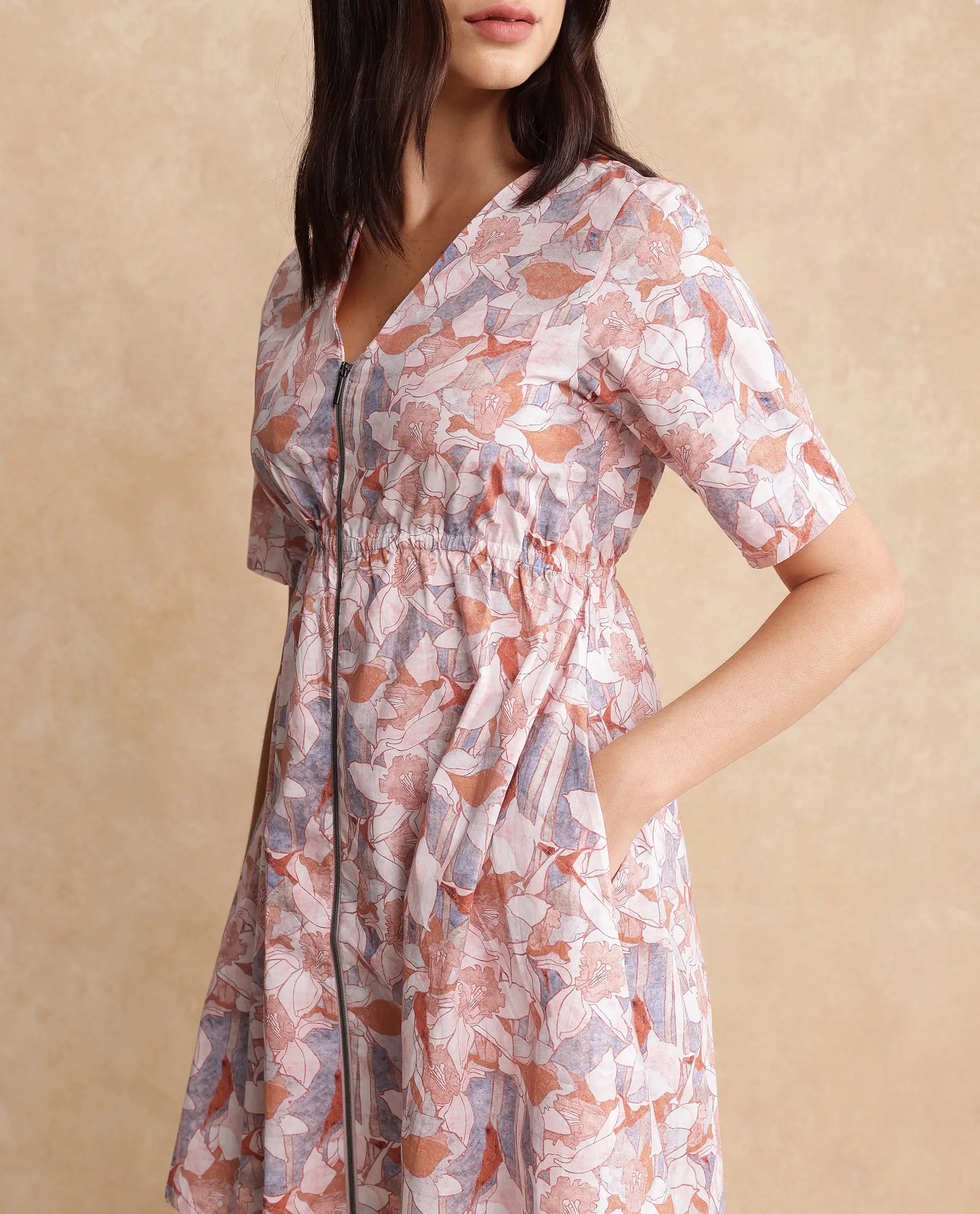 Rareism Women's Salao Multi Cotton V-Neck Abstract Print Knee Length Fit And Flare Dress - Image 3