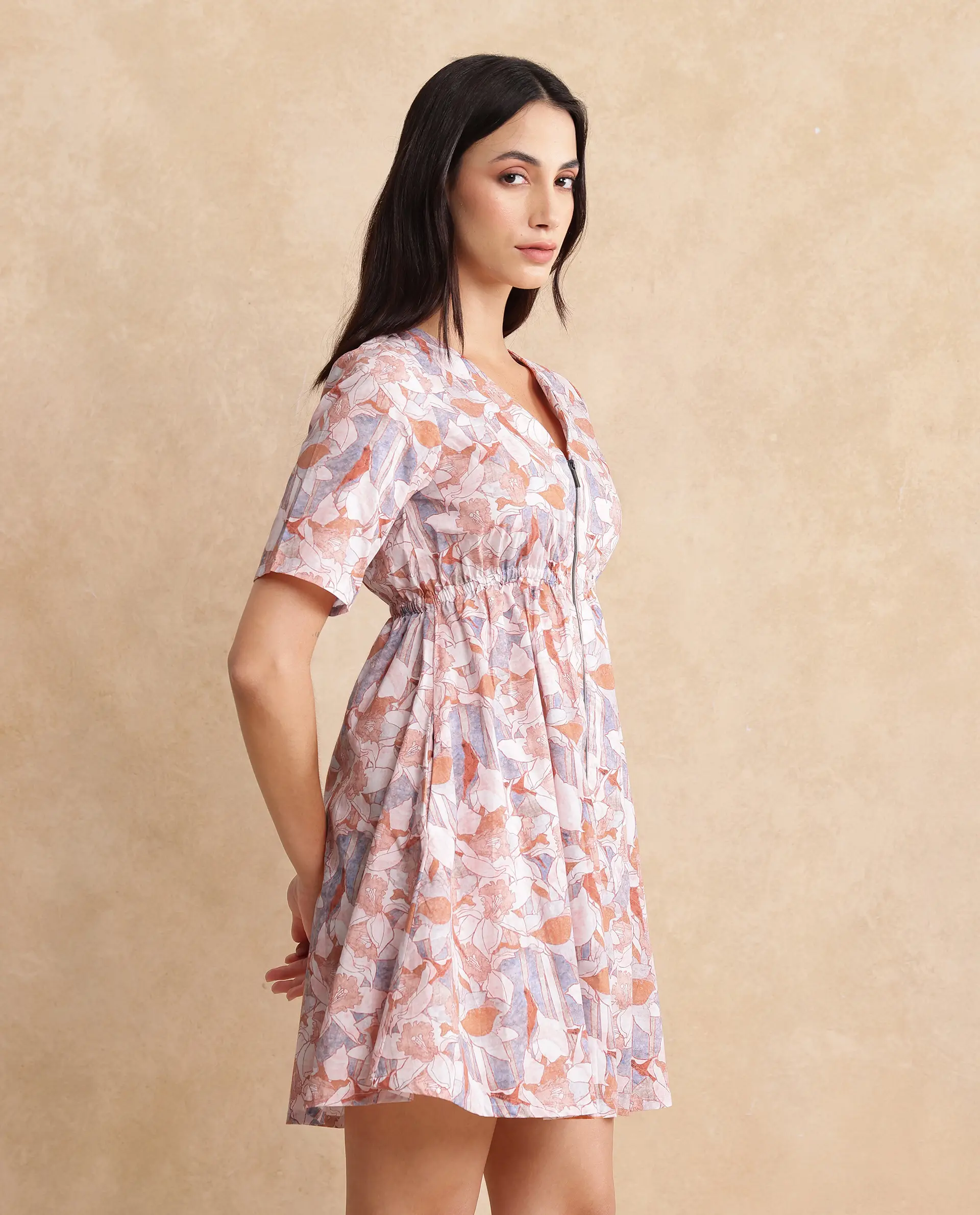 Rareism Women's Salao Multi Cotton V-Neck Abstract Print Knee Length Fit And Flare Dress - Image 5
