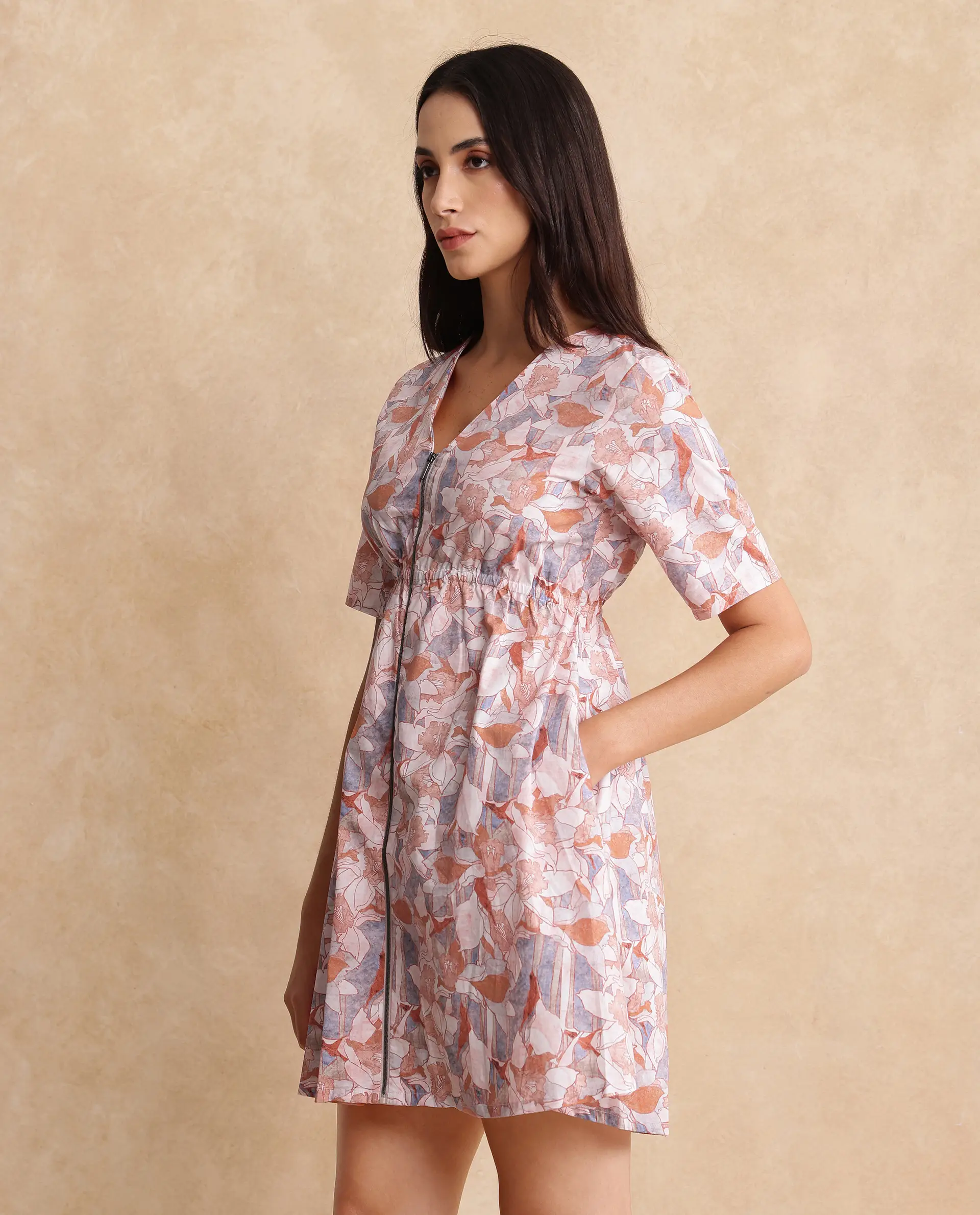 Rareism Women's Salao Multi Cotton V-Neck Abstract Print Knee Length Fit And Flare Dress - Image 6