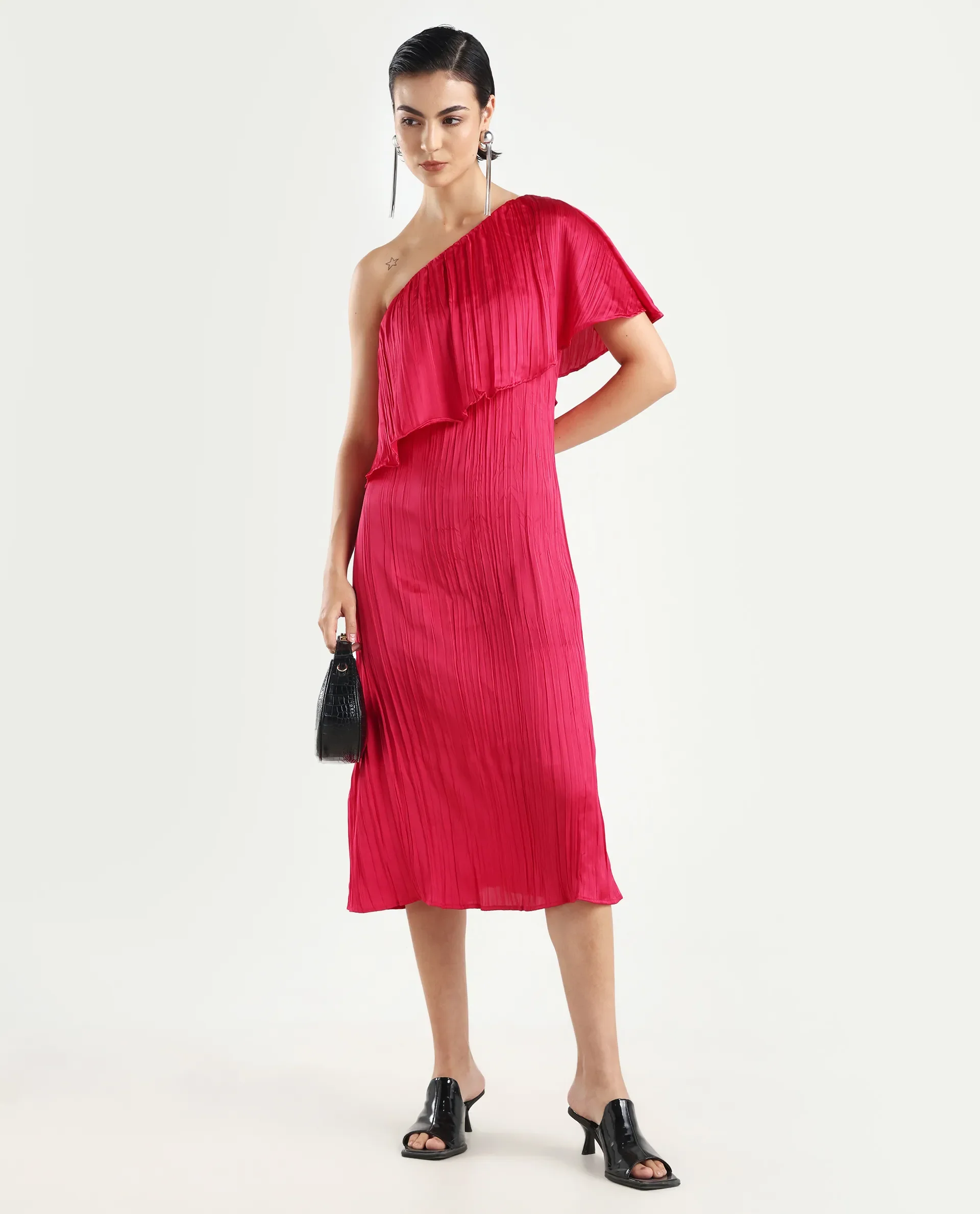 Rareism Women's Salerno Red Polyester One Shoulder Plain One Shoulder Midi Fit And Flare Dress - Image 2