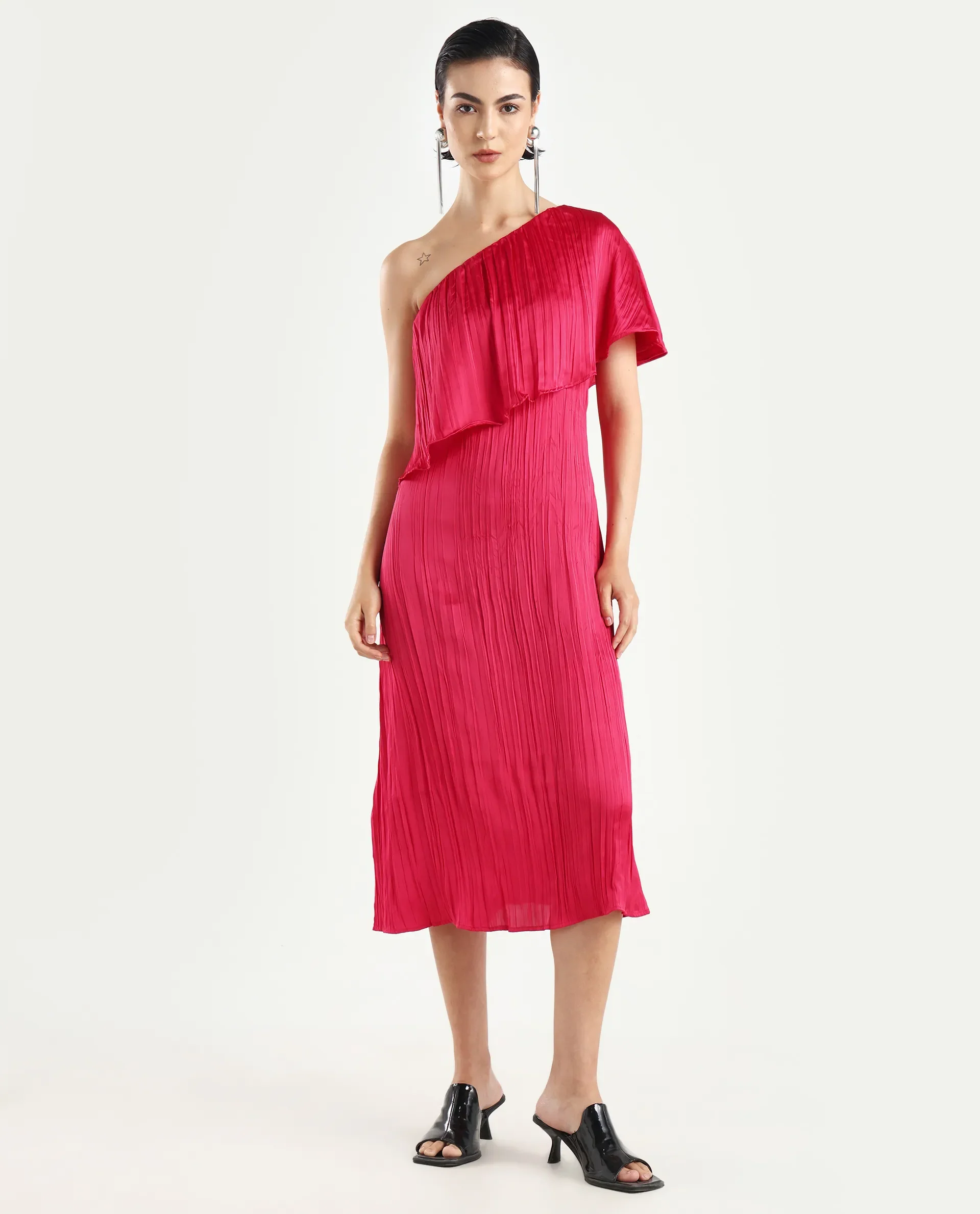 Rareism Women's Salerno Red Polyester One Shoulder Plain One Shoulder Midi Fit And Flare Dress - Image 3