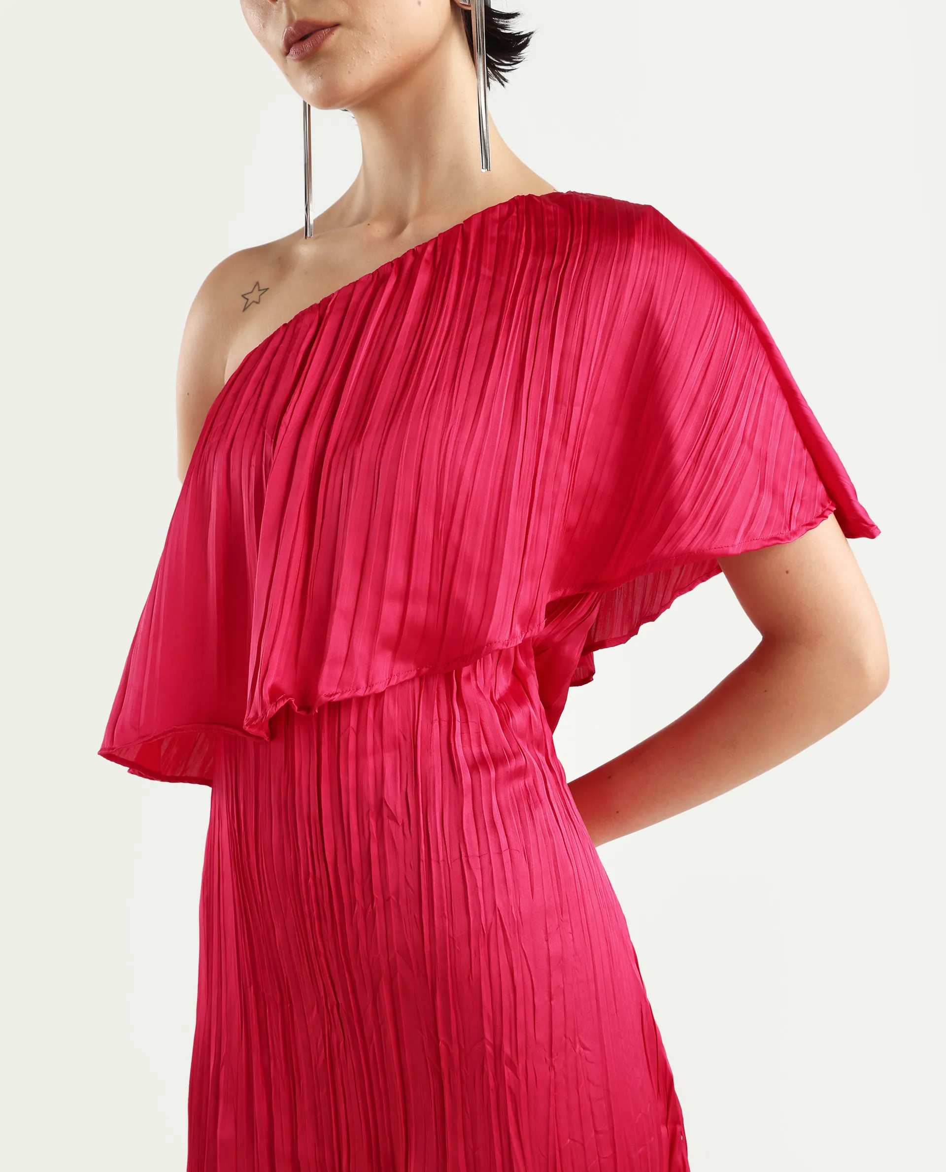 Rareism Women's Salerno Red Polyester One Shoulder Plain One Shoulder Midi Fit And Flare Dress - Image 4
