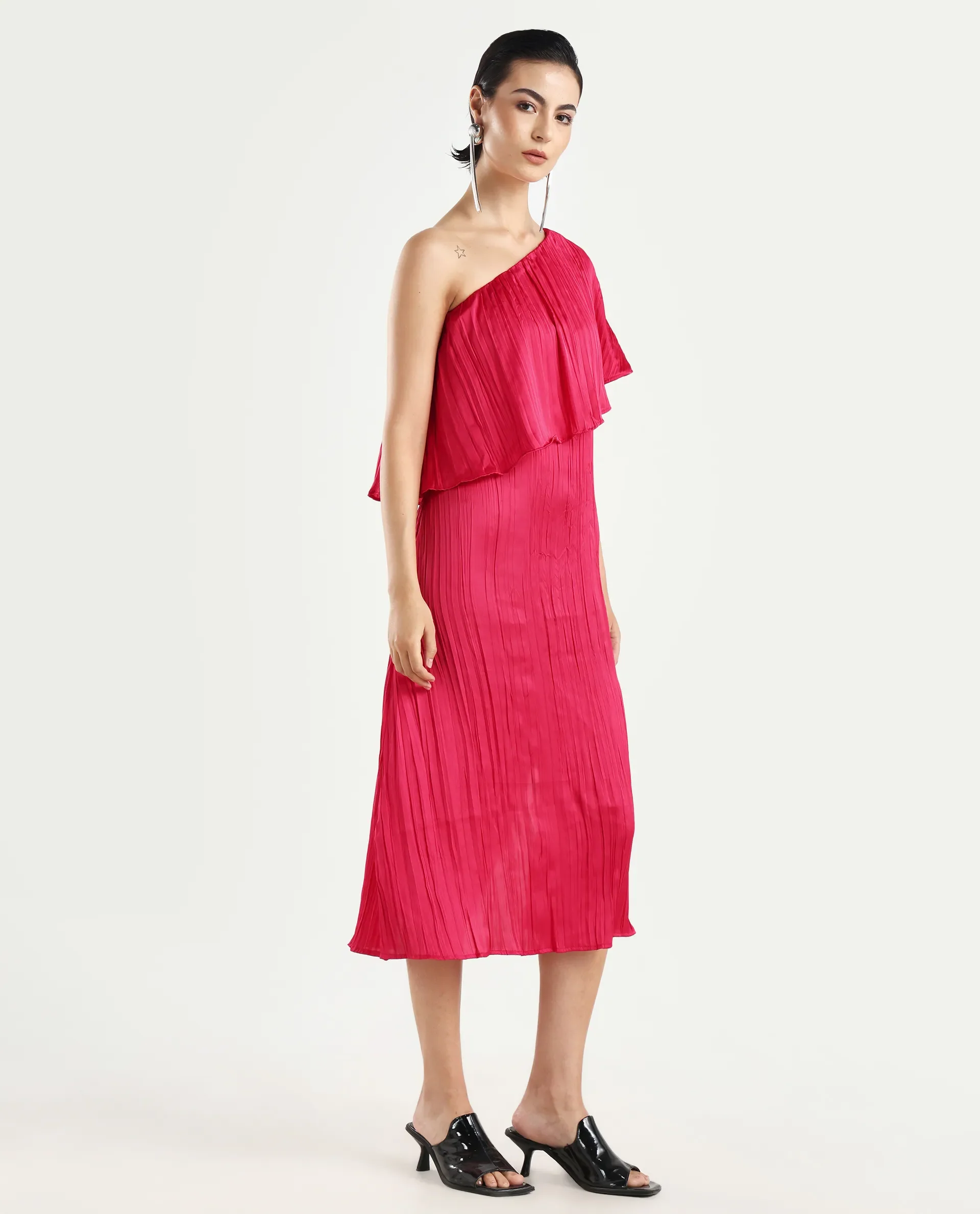 Rareism Women's Salerno Red Polyester One Shoulder Plain One Shoulder Midi Fit And Flare Dress - Image 5