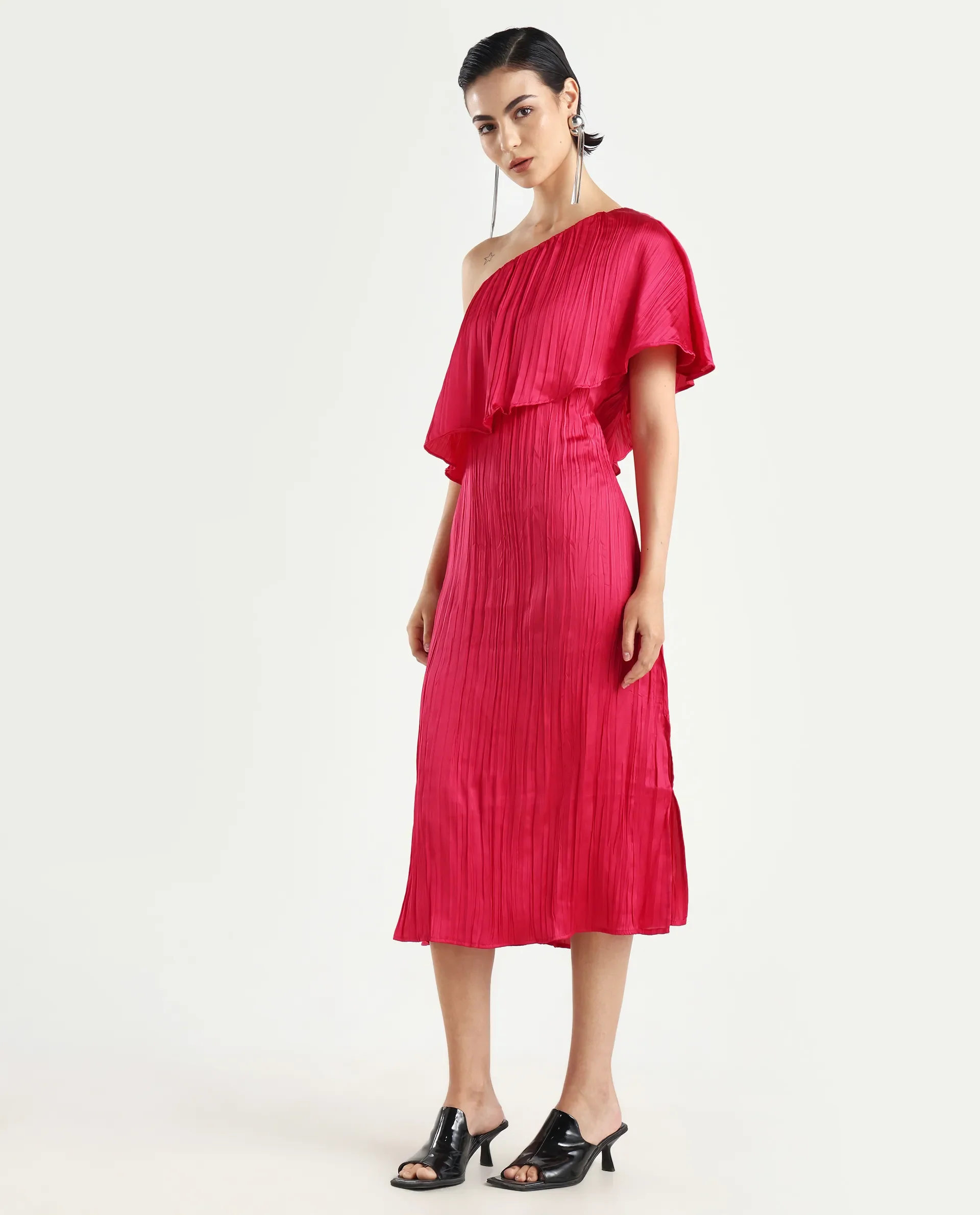 Rareism Women's Salerno Red Polyester One Shoulder Plain One Shoulder Midi Fit And Flare Dress - Image 6
