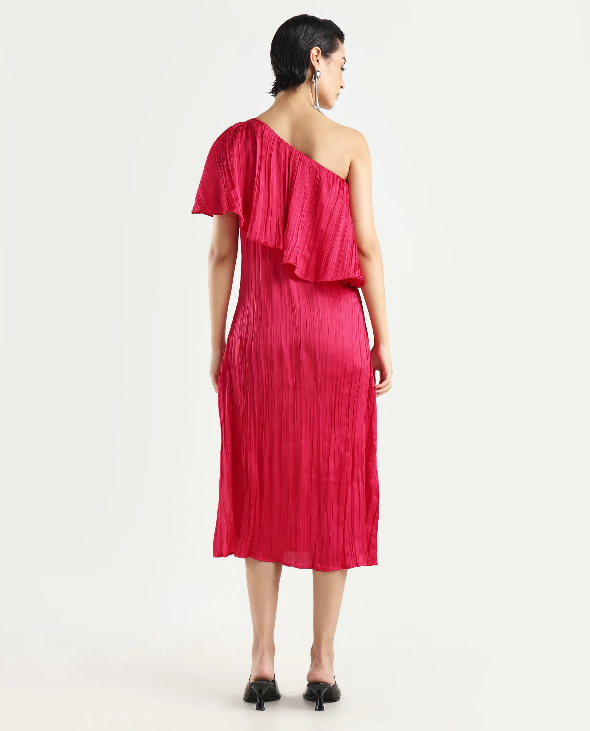 Rareism Women's Salerno Red Polyester One Shoulder Plain One Shoulder Midi Fit And Flare Dress - Image 7