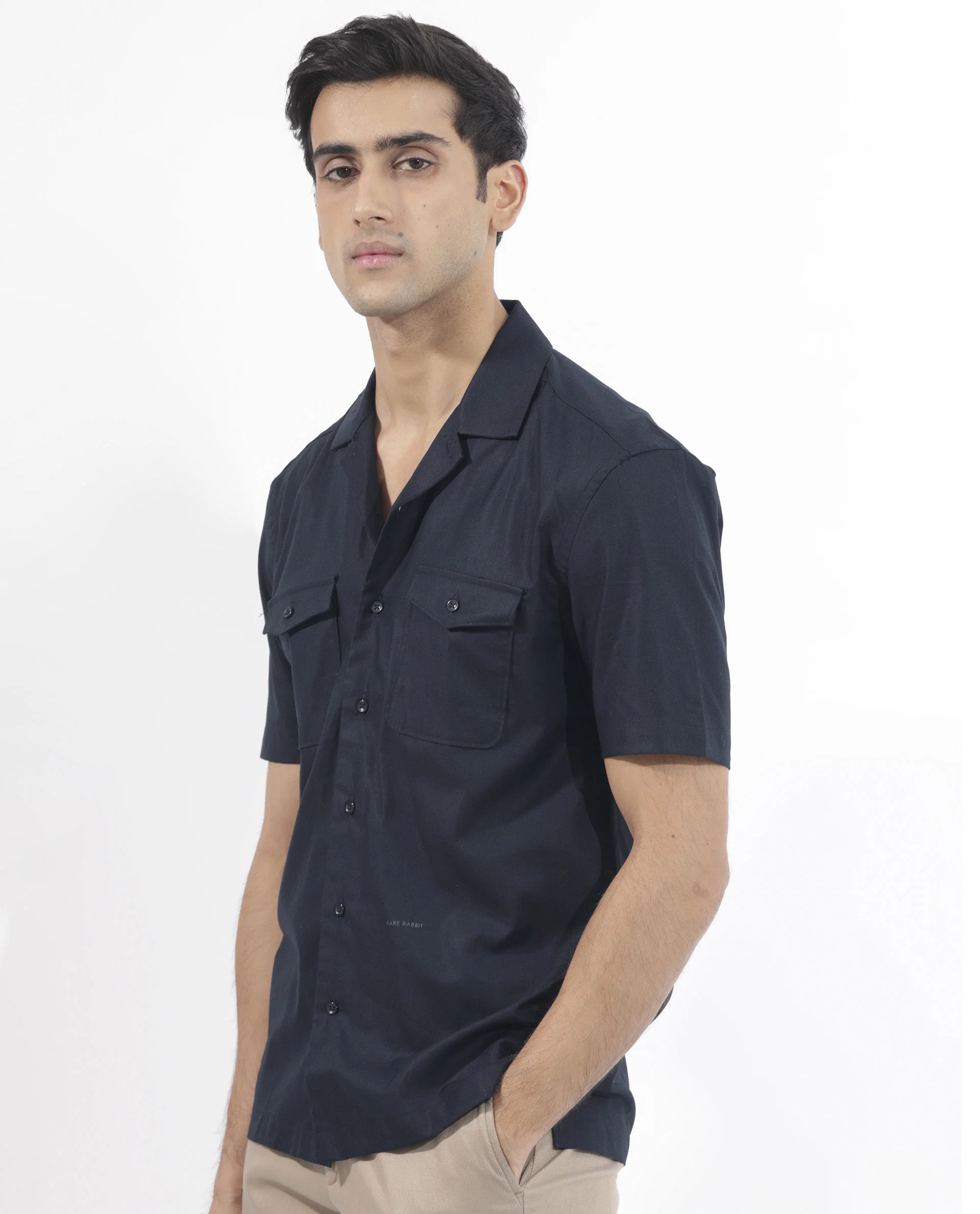 Rare Rabbit Men's Salford Dark Navy Cotton Plain Regular Fit Half Sleeve Cuban Collar Shirt - Image 3
