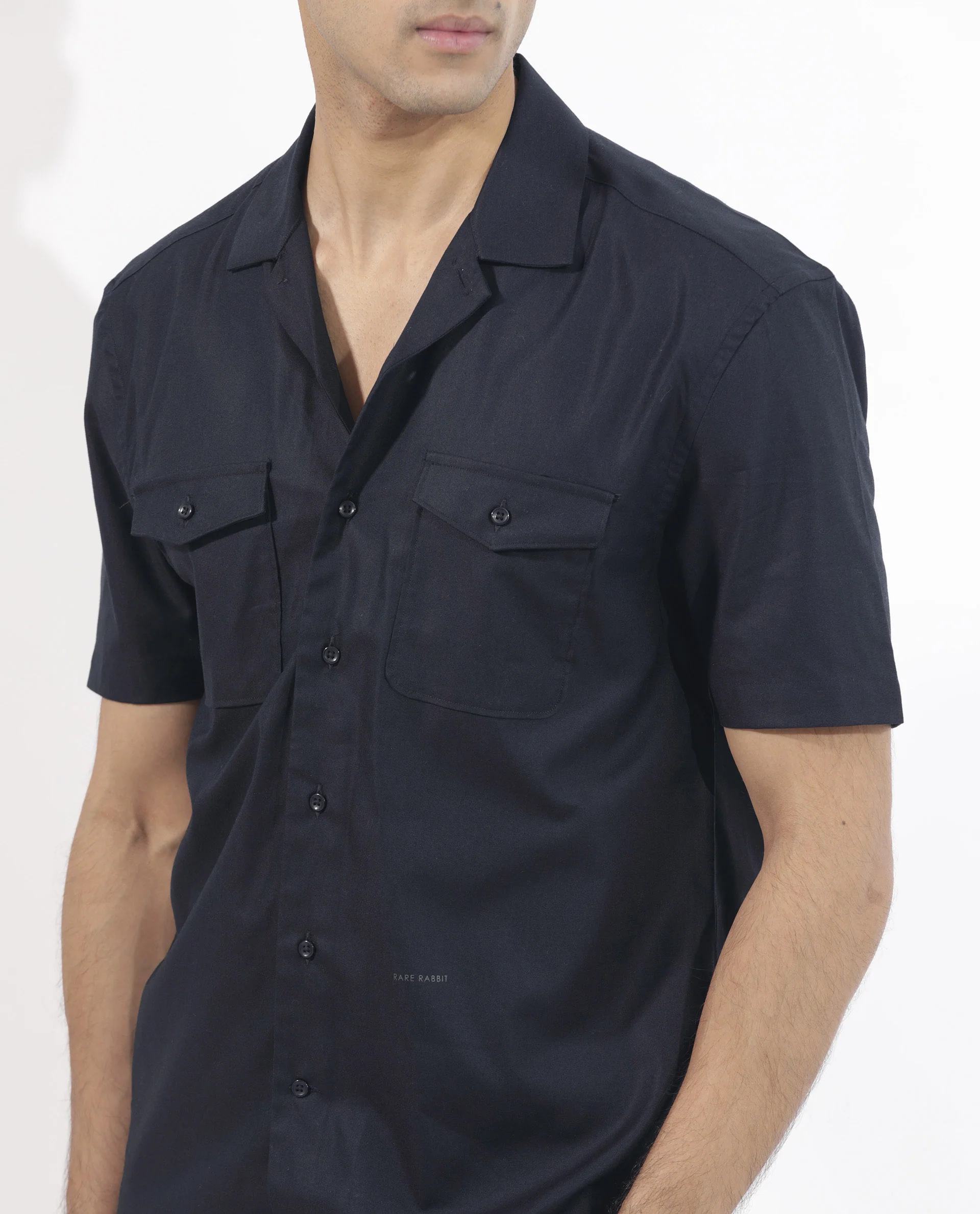 Rare Rabbit Men's Salford Dark Navy Cotton Plain Regular Fit Half Sleeve Cuban Collar Shirt - Image 5