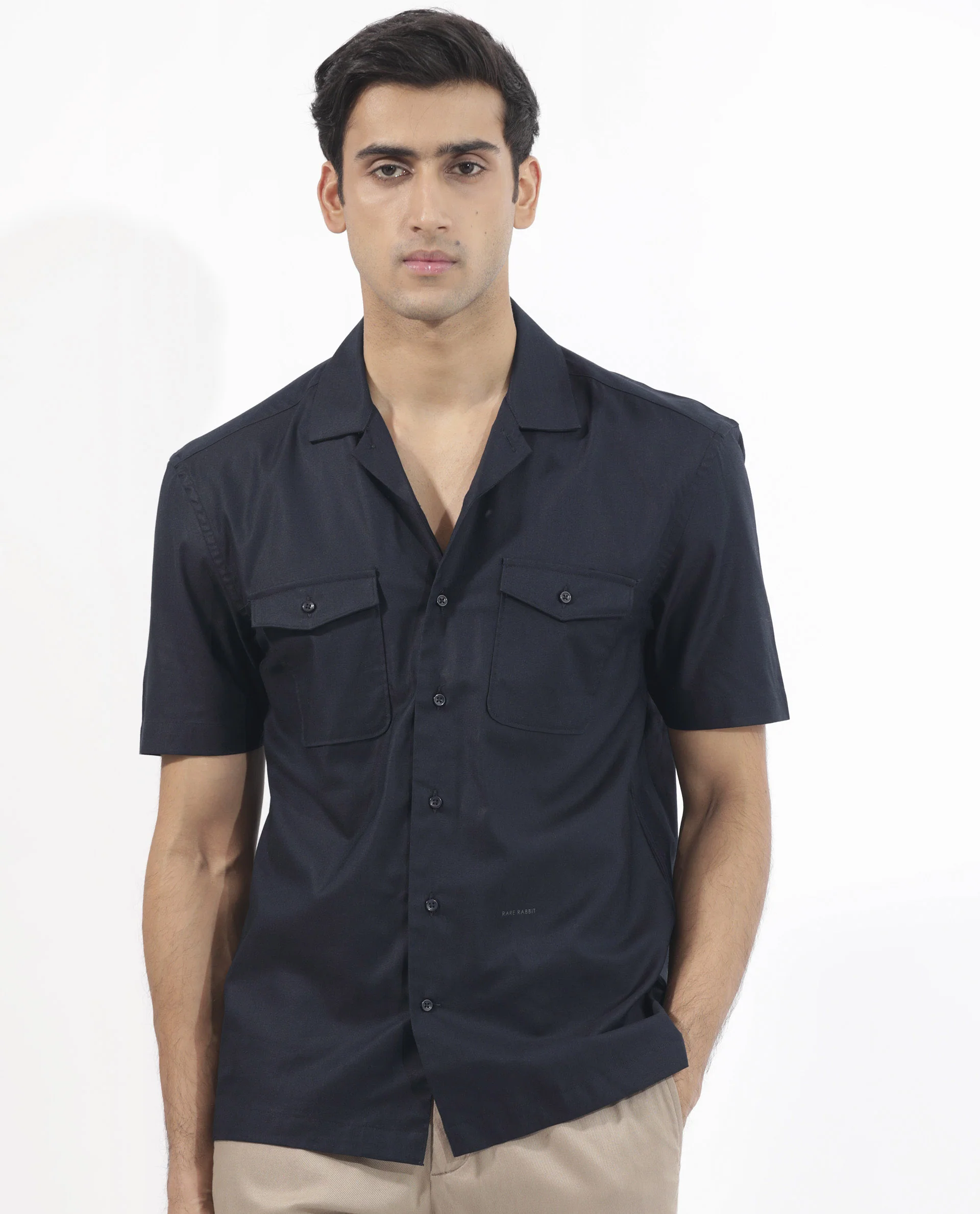 Rare Rabbit Men's Salford Dark Navy Cotton Plain Regular Fit Half Sleeve Cuban Collar Shirt - Image 6