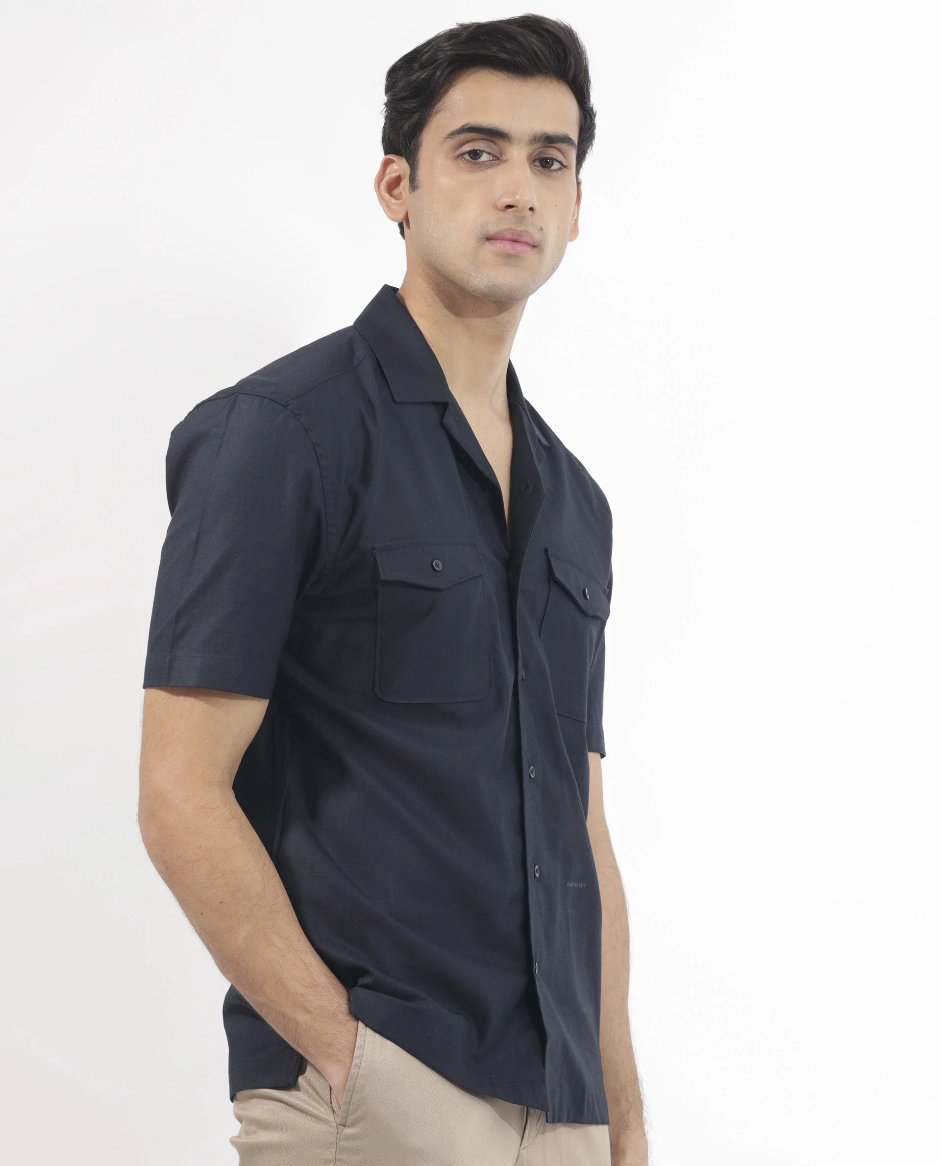 Rare Rabbit Men's Salford Dark Navy Cotton Plain Regular Fit Half Sleeve Cuban Collar Shirt - Image 8