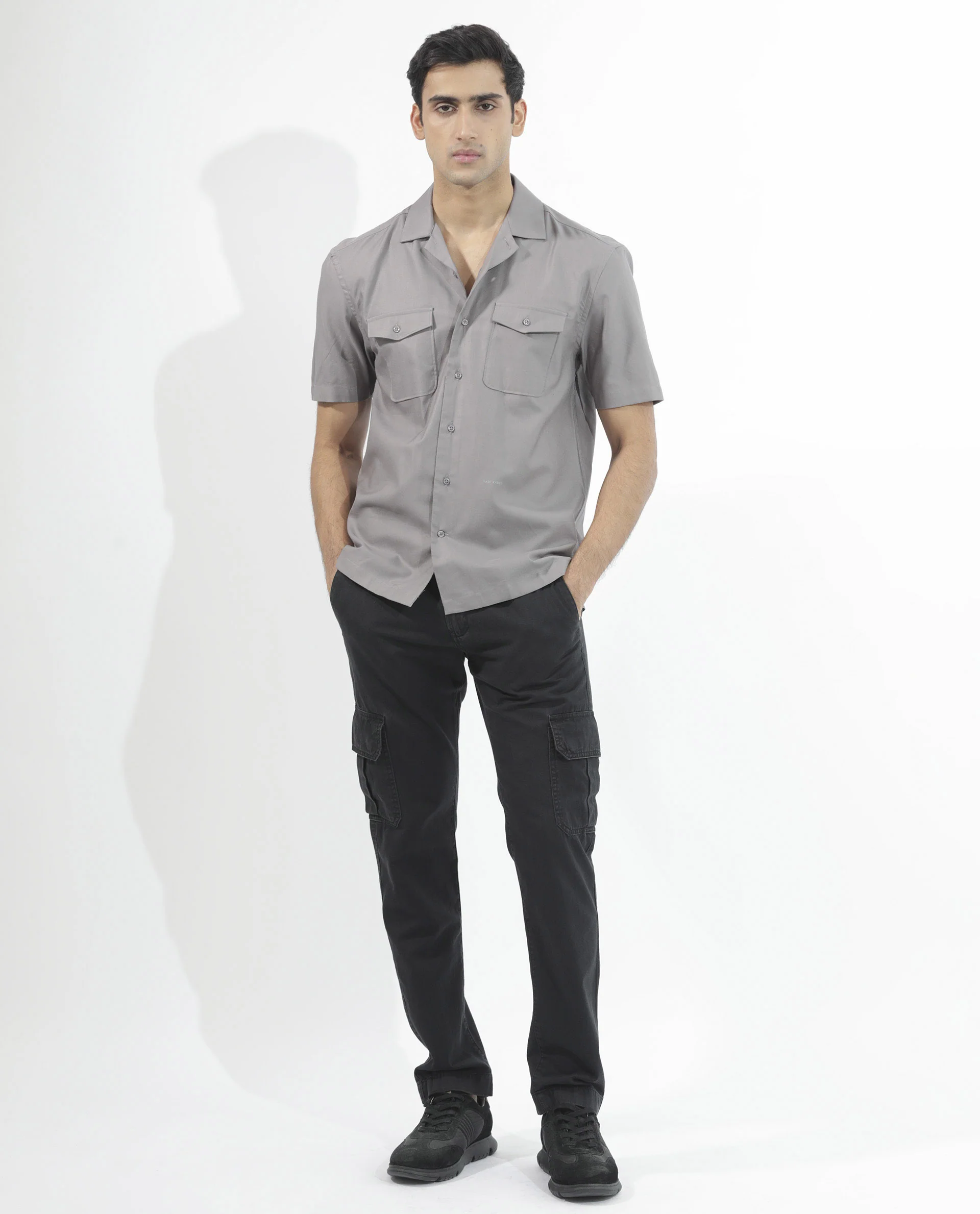 Rare Rabbit Men's Salford Dusky Grey Cotton Plain Regular Fit Half Sleeve Cuban Collar Shirt - Image 2