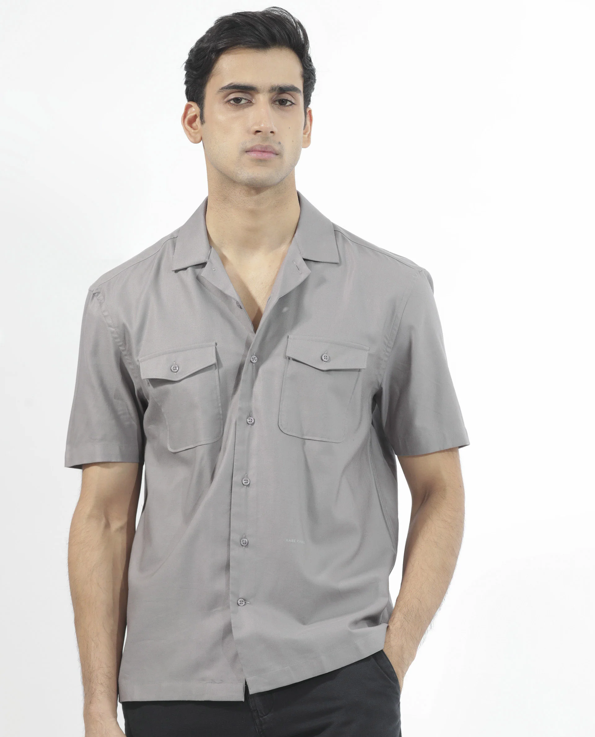 Rare Rabbit Men's Salford Dusky Grey Cotton Plain Regular Fit Half Sleeve Cuban Collar Shirt - Image 3