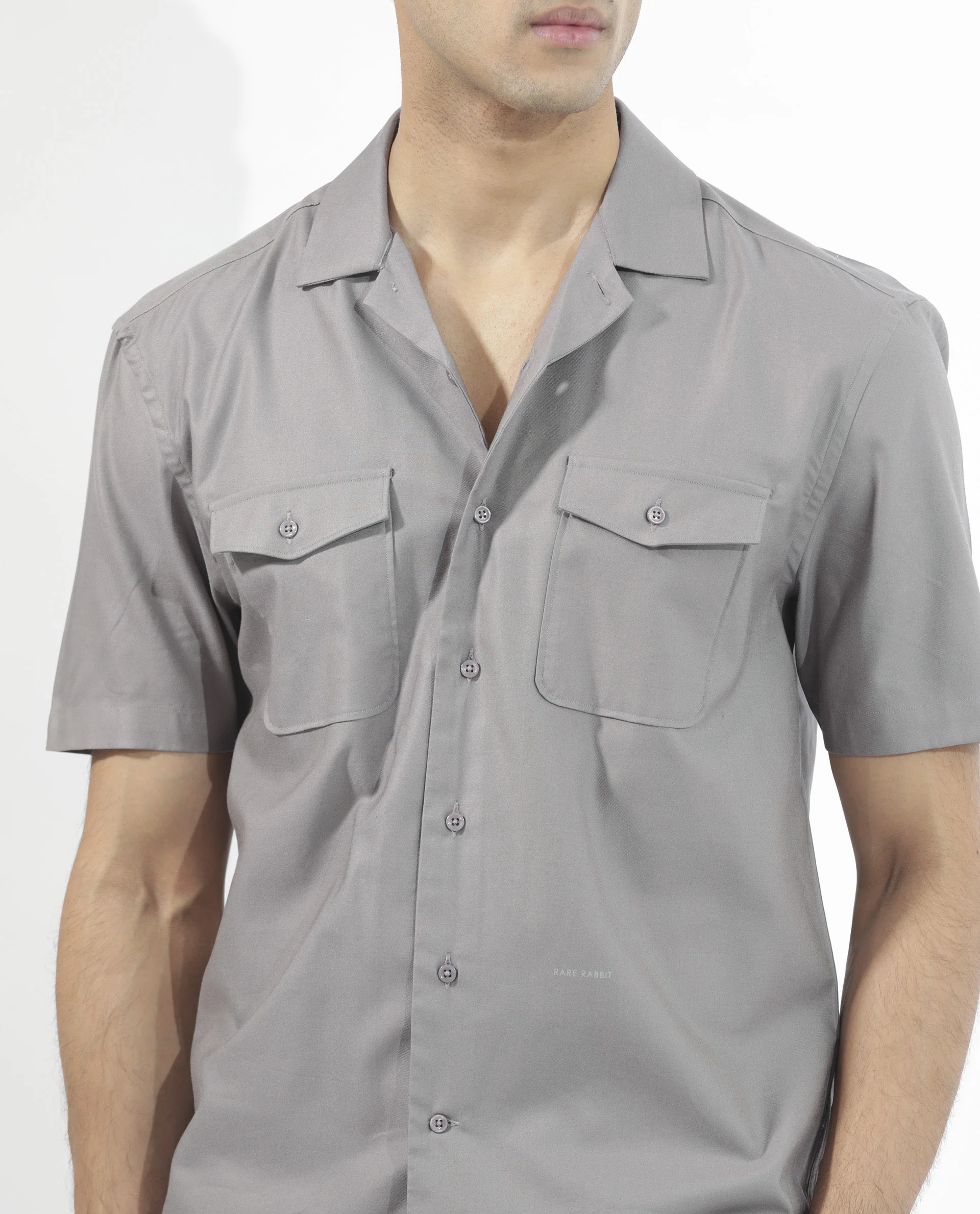 Rare Rabbit Men's Salford Dusky Grey Cotton Plain Regular Fit Half Sleeve Cuban Collar Shirt - Image 4