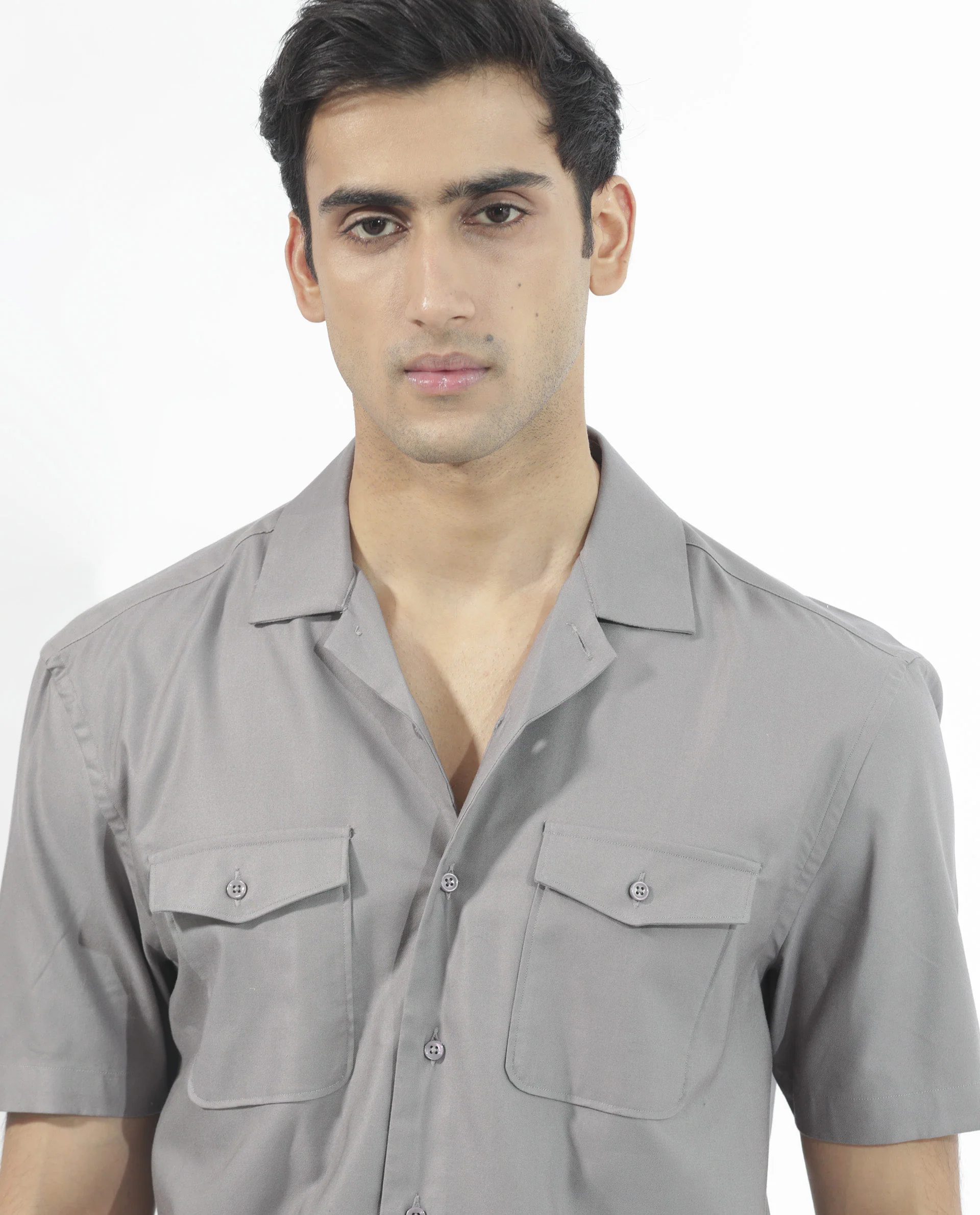 Rare Rabbit Men's Salford Dusky Grey Cotton Plain Regular Fit Half Sleeve Cuban Collar Shirt - Image 5